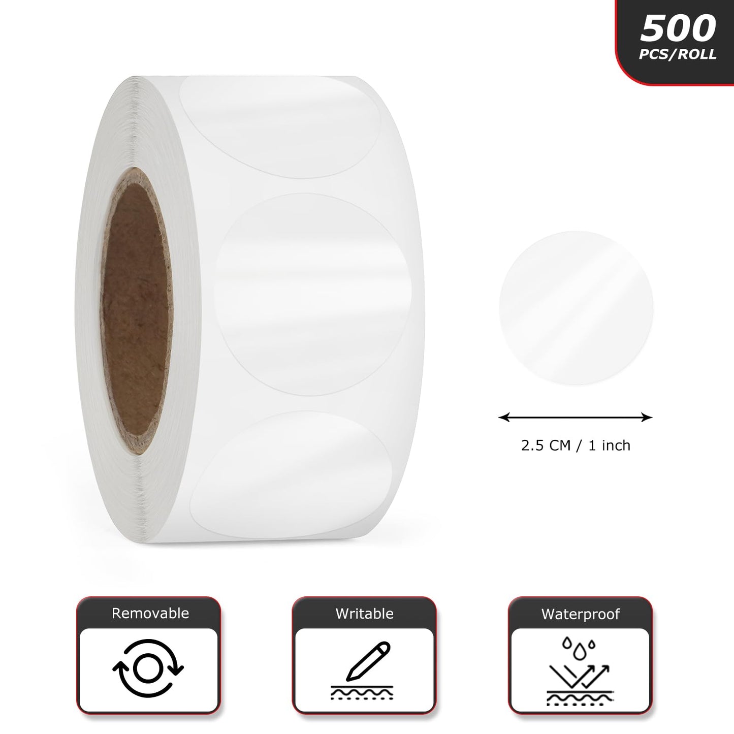 Clear Round Label 1 Inch Circle Sticker Self-Adhesive Transparent Dot Wafer Seal Label Waterproof Removable for Retail Package Envelope Roll of 500 PCS 1" Diameter