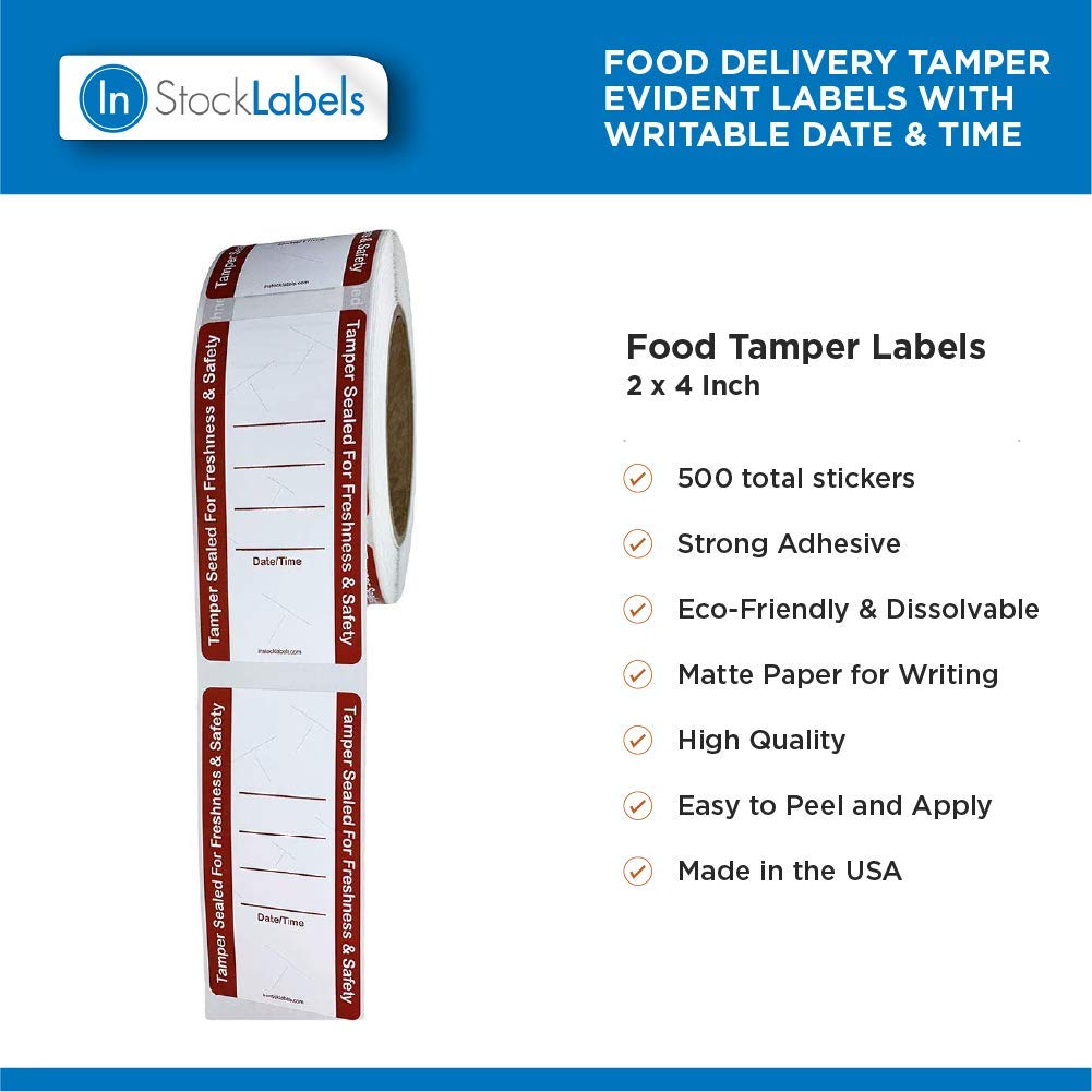 500 White Tamper Evident Food Seal Stickers with Date and Time, Labels for Food Containers, 2 x 4 Inches, Writable Tamper Proof Stickers, Tamper Evident Tape - Ideal for Secure Food Delivery 500