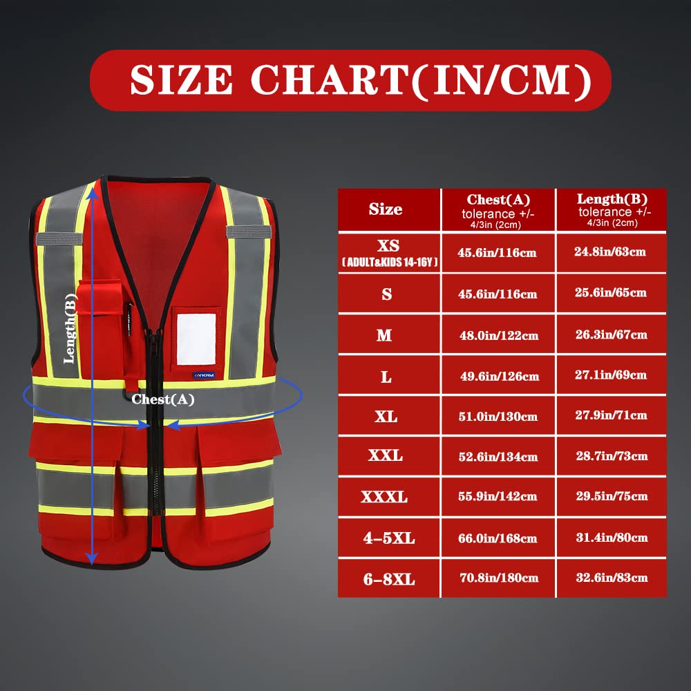 AYKRM Security Vest for Men Women 7 Pockets High Visibility Reflective Safety Vest Front Zipper Meets ANSI/ISEA Red-emt 8X-Large