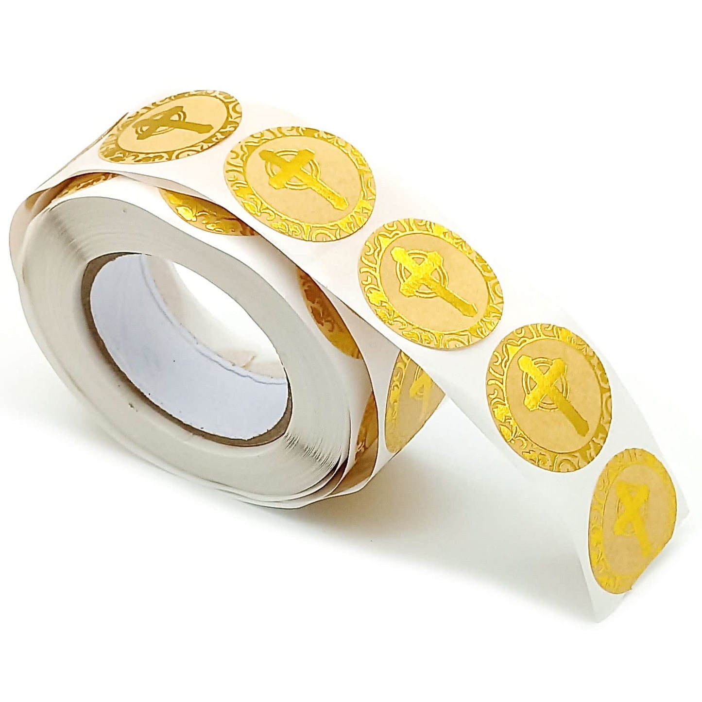 500-Piece Stickers Roll, Cross Design Round Labels with Gold Foil Finish, Round Labels Ideal for Christening, Communion, Christian Occassions, 1 inch/2.5 cm in Diameter (Cross)
