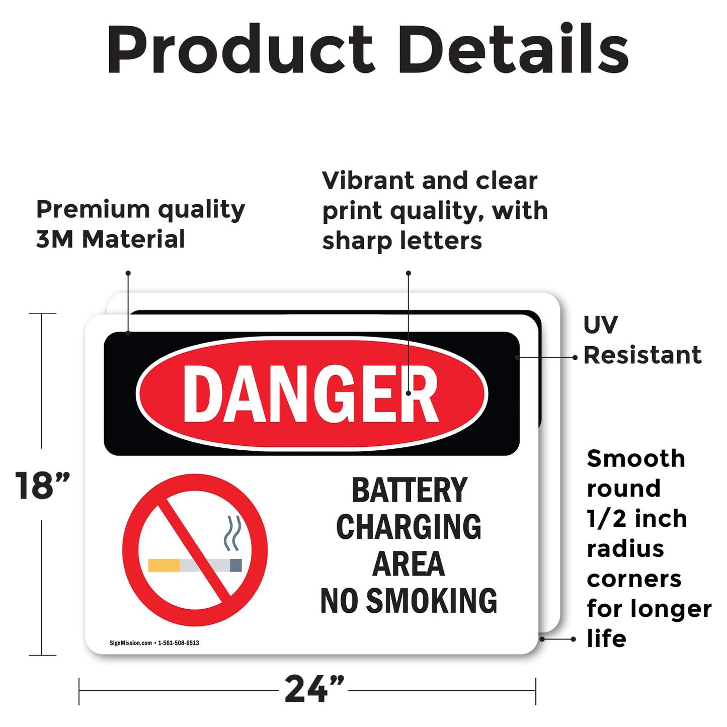 (2 Pack) Battery Charging Area No Smoking OSHA Danger Sign 24 Inch X 18 Inch Vinyl Label Decal Sticker Weather Resistant, UV Protected for Workplace, Business, and Construction Site, Made in the USA Vinyl Decal 18 Inch X 24 Inch