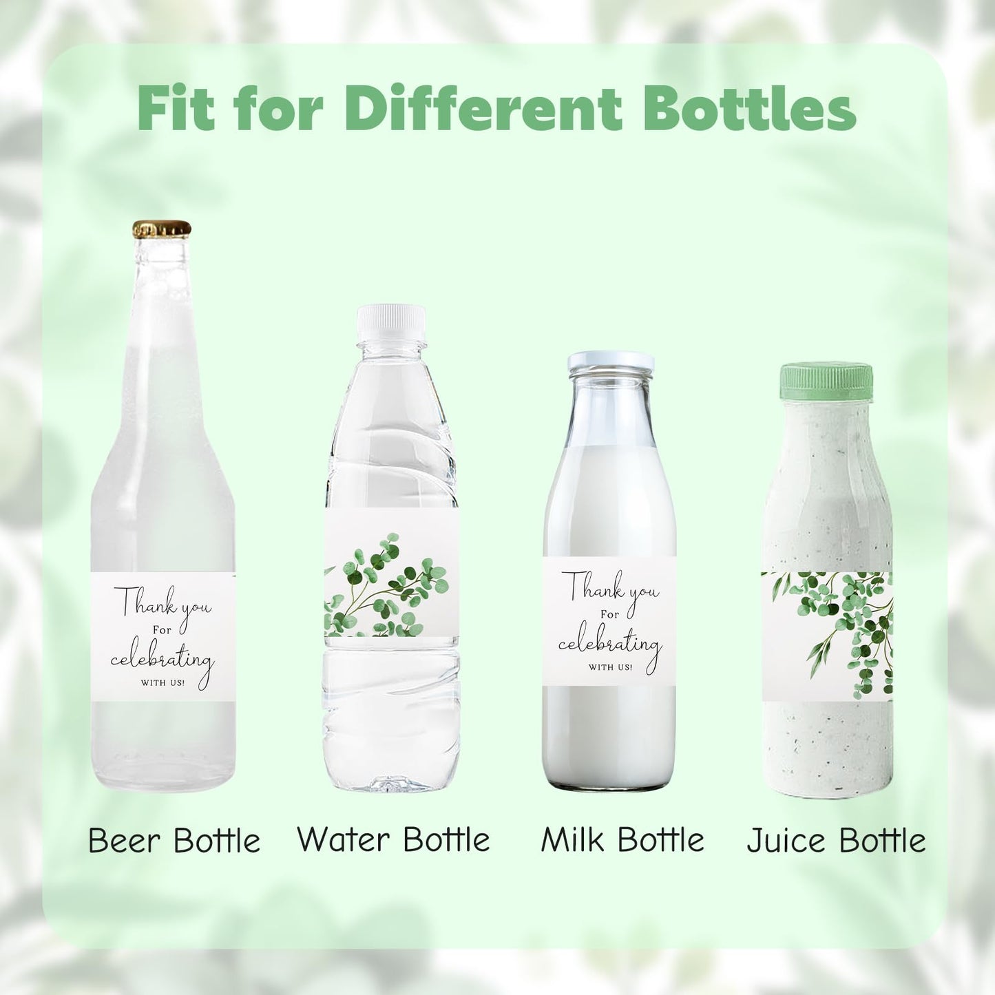 Wedding Water Bottle Labels Thank You, 100Pcs Greenery Water Bottle Wraps Eucalyptus Leaf Wraparound Labels Water Bottle Stickers for Birthday Bride Shower Green