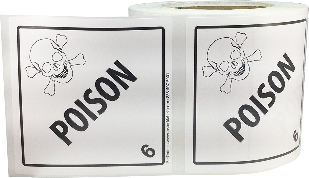 Hazard Class 6 D.O.T. Poison Labels 4x4 Inch Square 500 Adhesive Labels