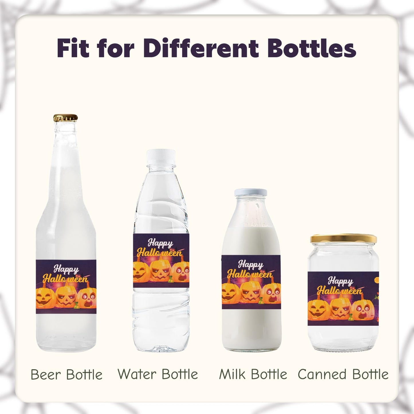 Happy Halloween Water Bottle Labels, 50Pcs Pumpkin Halloween Wraps Sticker Halloween Labels for Party Halloween Drinking Water Bottle Label Purple