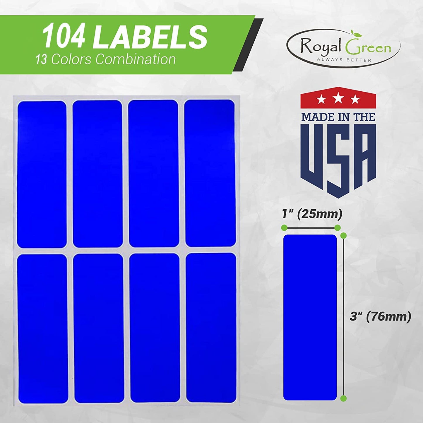 Royal Green Colored Label Sticker Rectangle in 13 Colors 1 x 3 inch writable Labels - 104 Pack 13 Color Combo