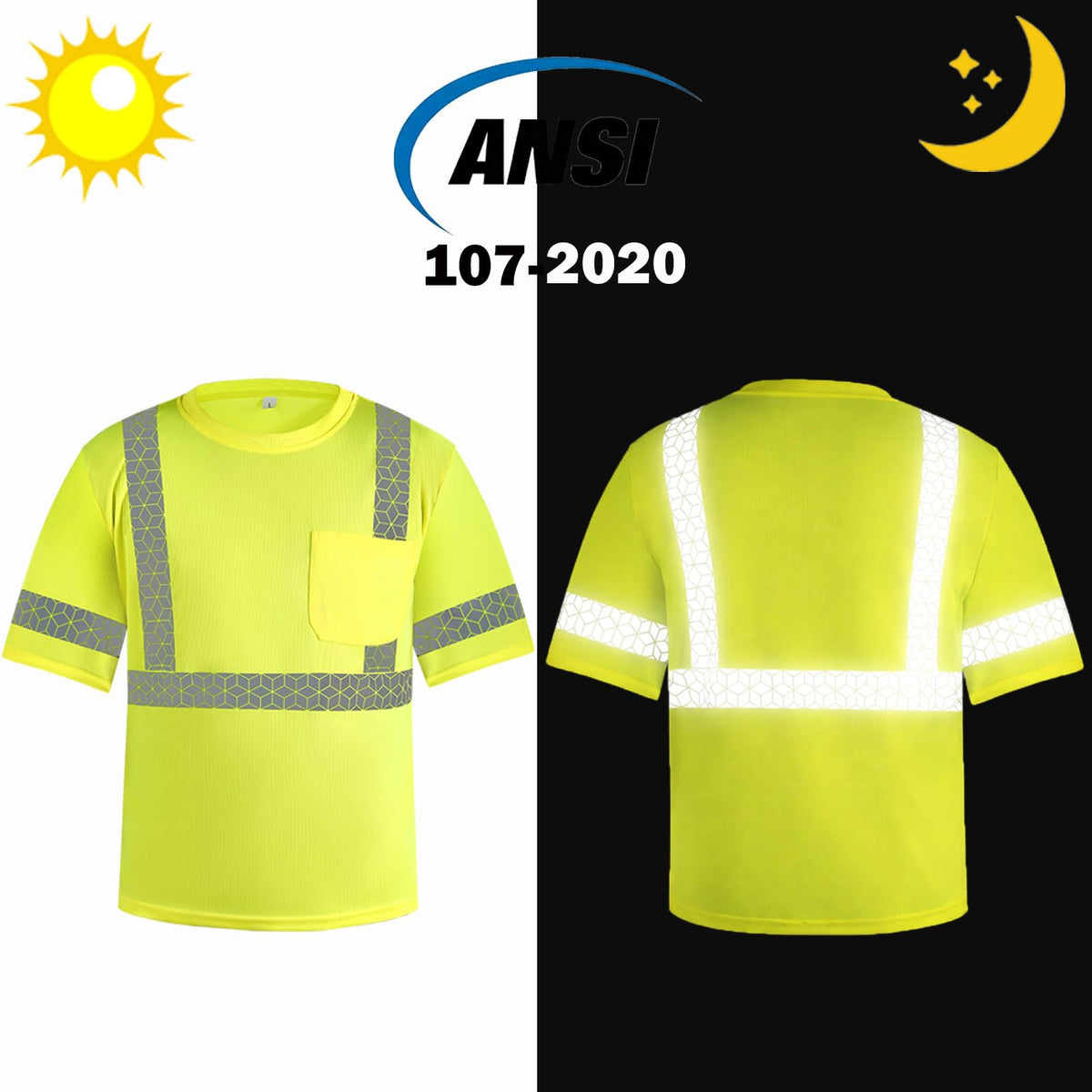 Hi Vis Reflective Safety Shirts for Men, High Vis Shirts Class 3 Short Sleeve (Yellow L) B-yellow Large