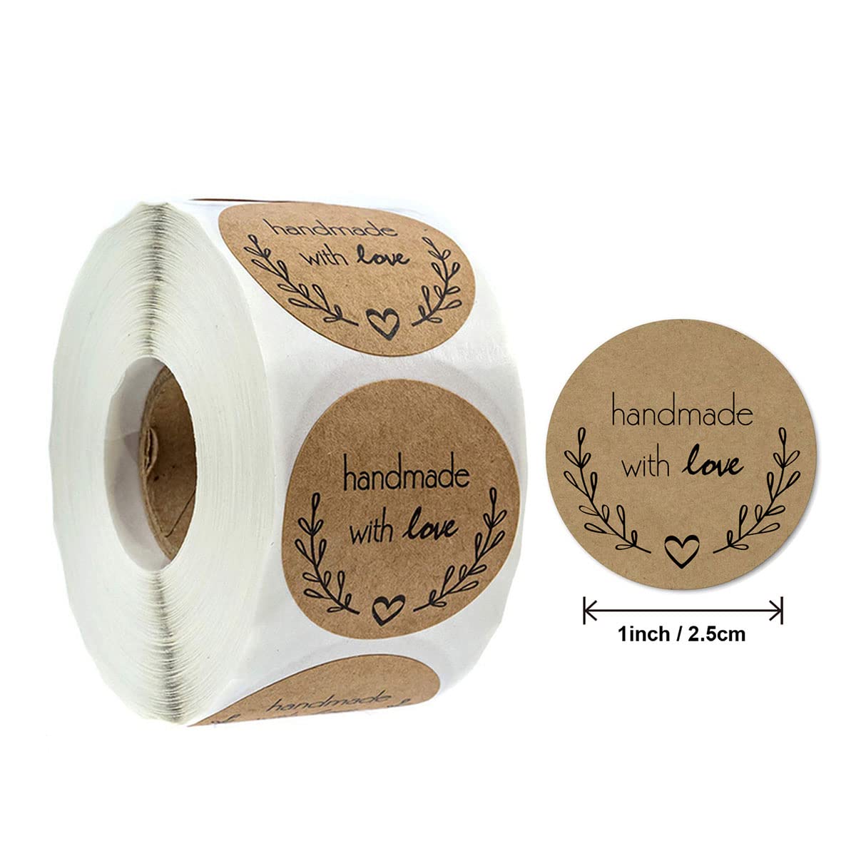 1000pcs Self Adhesive Stickers Labels Kraft Paper Handmade with Love Round Baking Stickers Labels Roll Decoration Cookie Jars Homemade Gifts Envelopes Etc