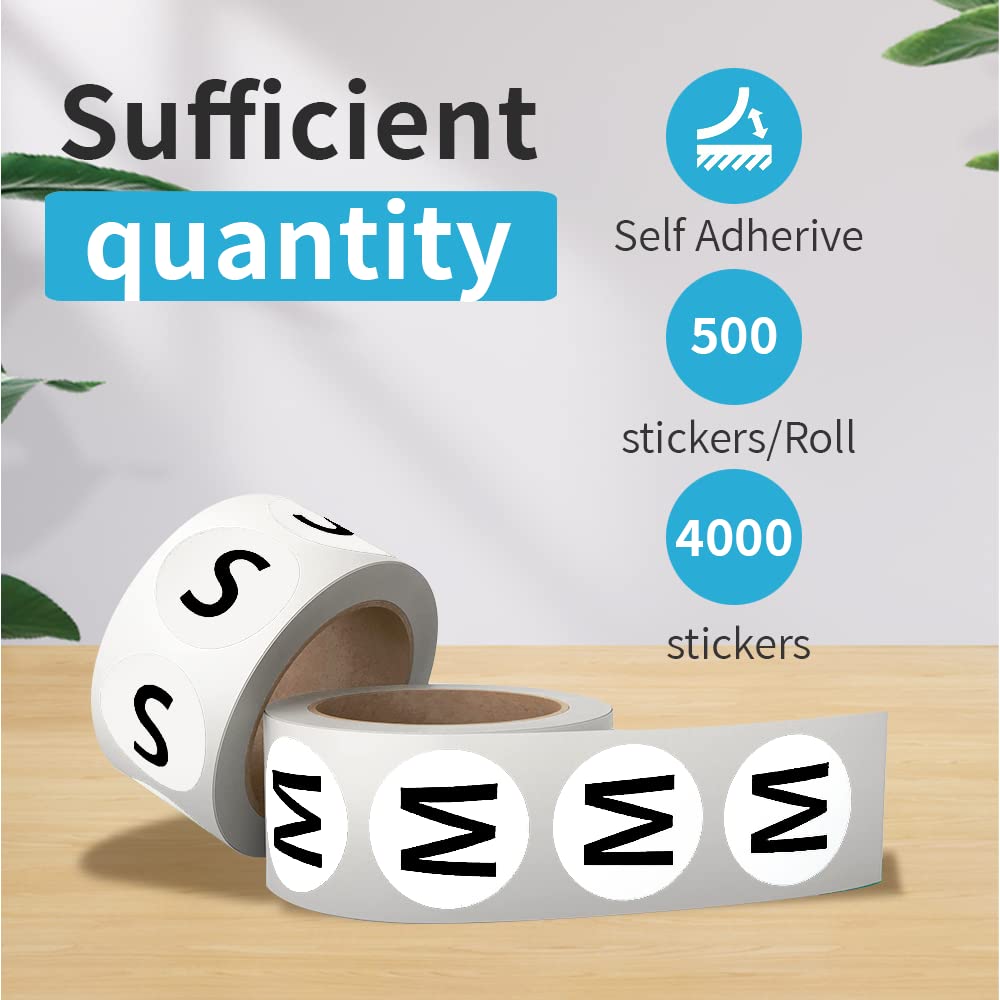 4000 Pcs Clothing Size Sticker Labels, Black Round Self Adhesive Clothing Size Stickers for Clothing T Shirt Pants Skirt Retail.(7/8” Each,8 Rolls,XS,S,M,L,XL,XXL,XXXL,Blank Size)