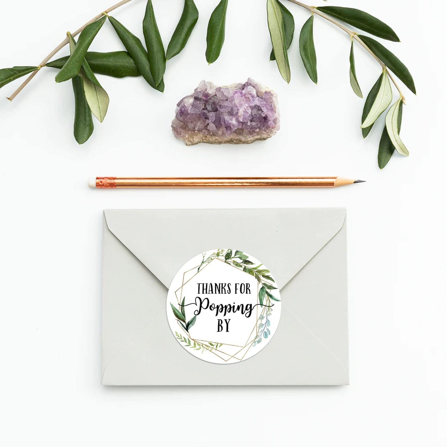 Thanks for Popping by Stickers, Greenery Baby Shower Favor Stickers, Bridal Shower, Wedding Stickers, 2 Inch, 50-Pack.
