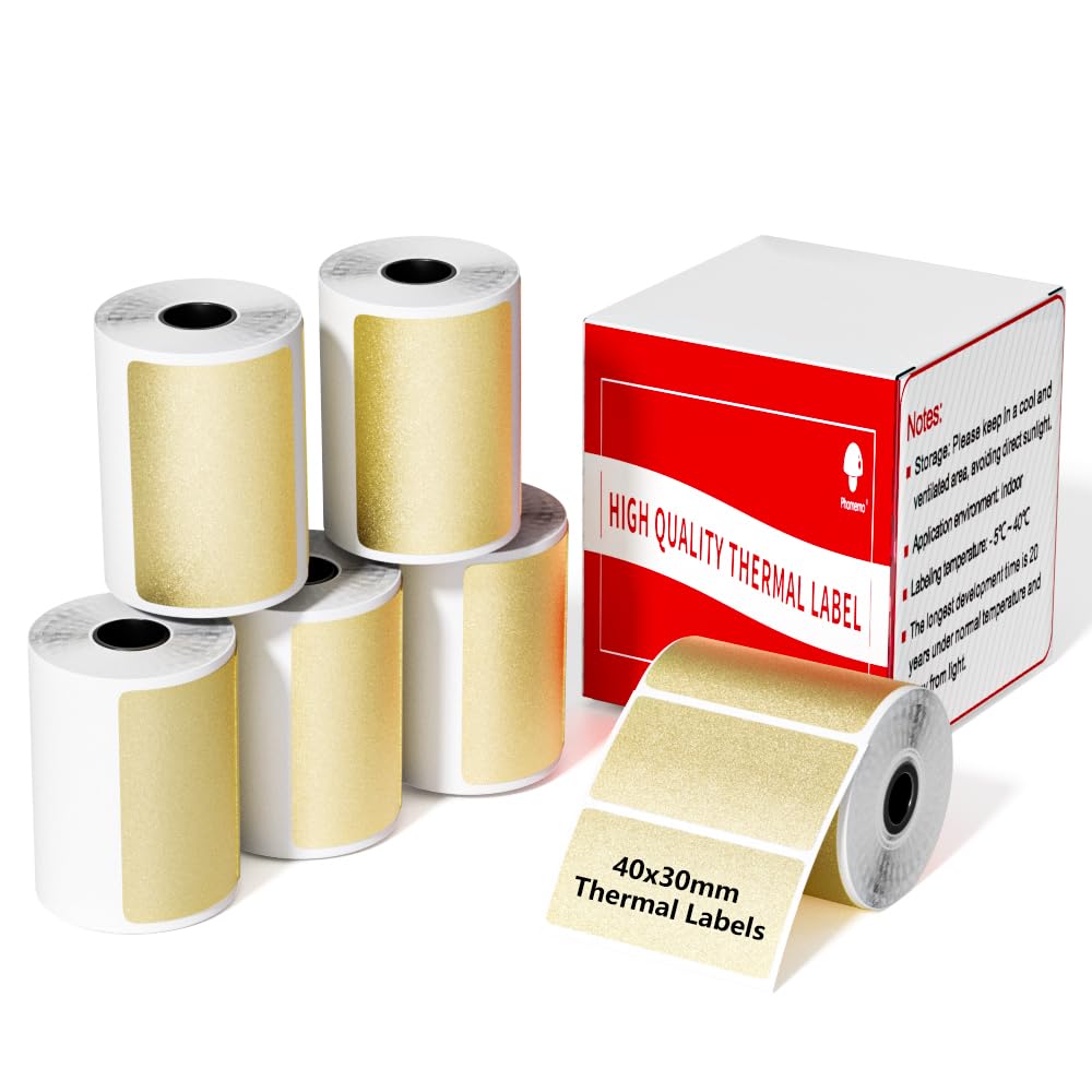 6-Roll • M110 Printer Gold Labels • Thermal Self-Adhesive Label • Compatible with Phomemo M110/M220/M221/M200 Printer • Black on Gold • 40x30mm • 1380/6Roll