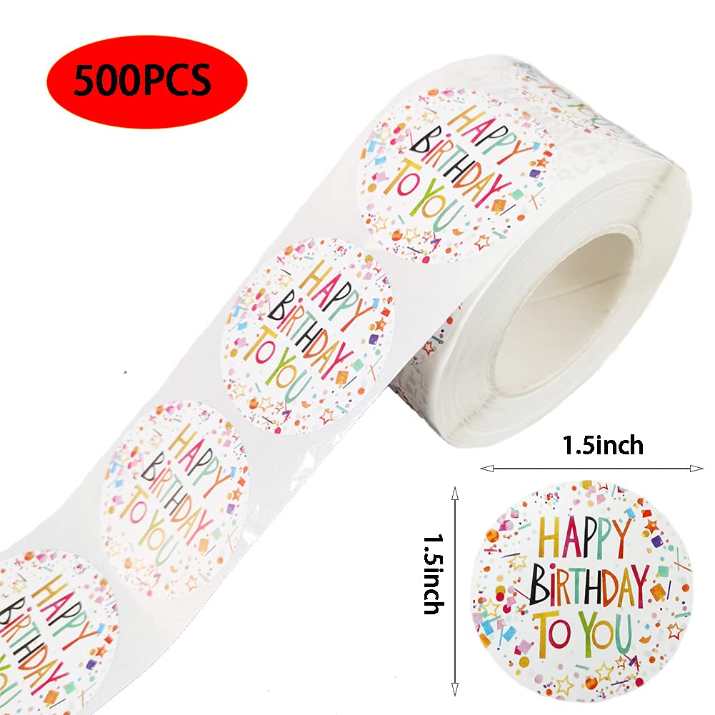 1.5" Happy Birthday Stickers Labels Roll Round Birthday Party Sticker Labels Baby Shower Holiday Decorative Envelope Seals Label Stickers for Cards,500 Labels Per Roll