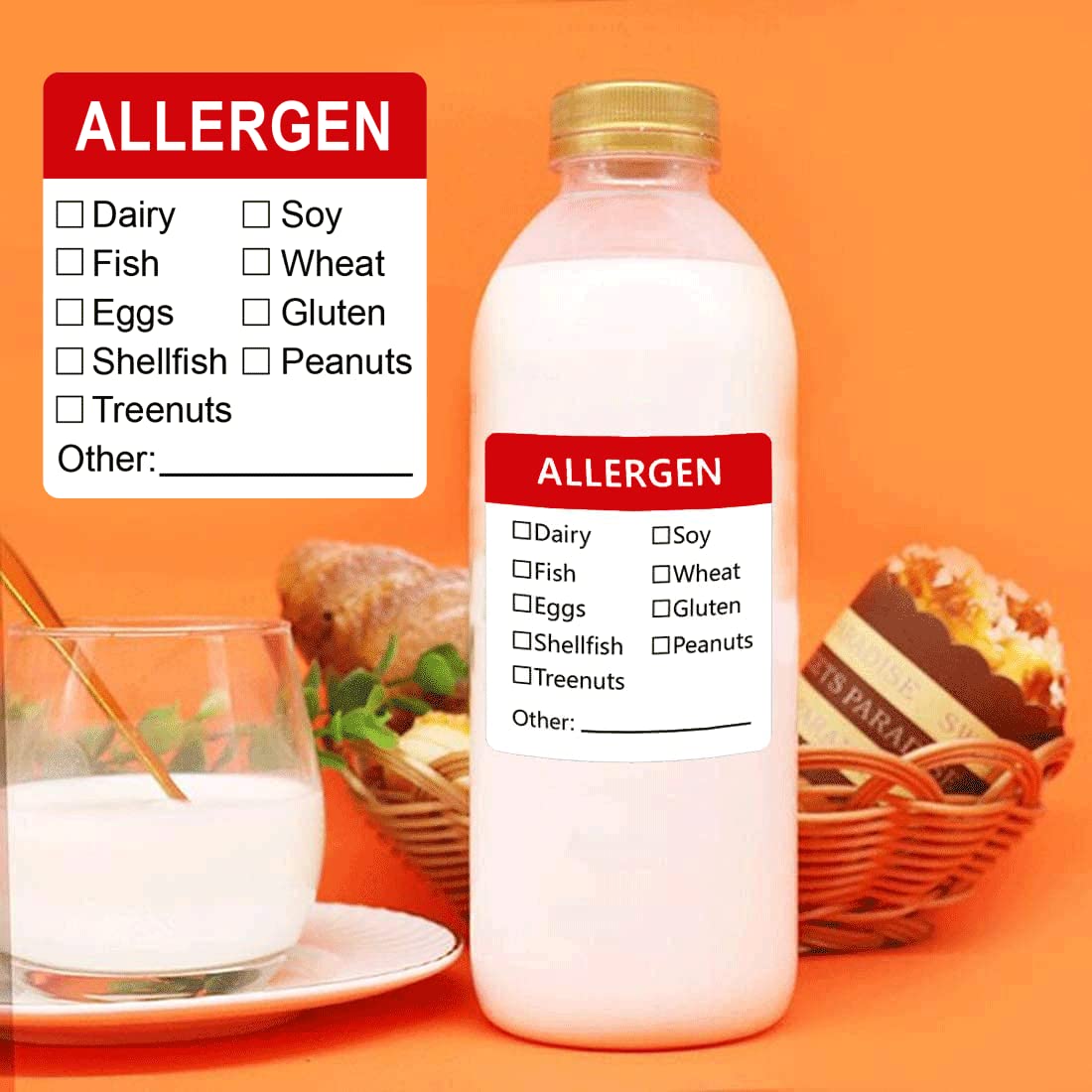 Allergen Warning Stickers Labels 1.8 X 2 Inch Fluorescent Red Allergy Warning Sticker Food Rotation Labels Adhesive Allergies Stickers for Grocery Stores, Food Packaging 500 Pcs