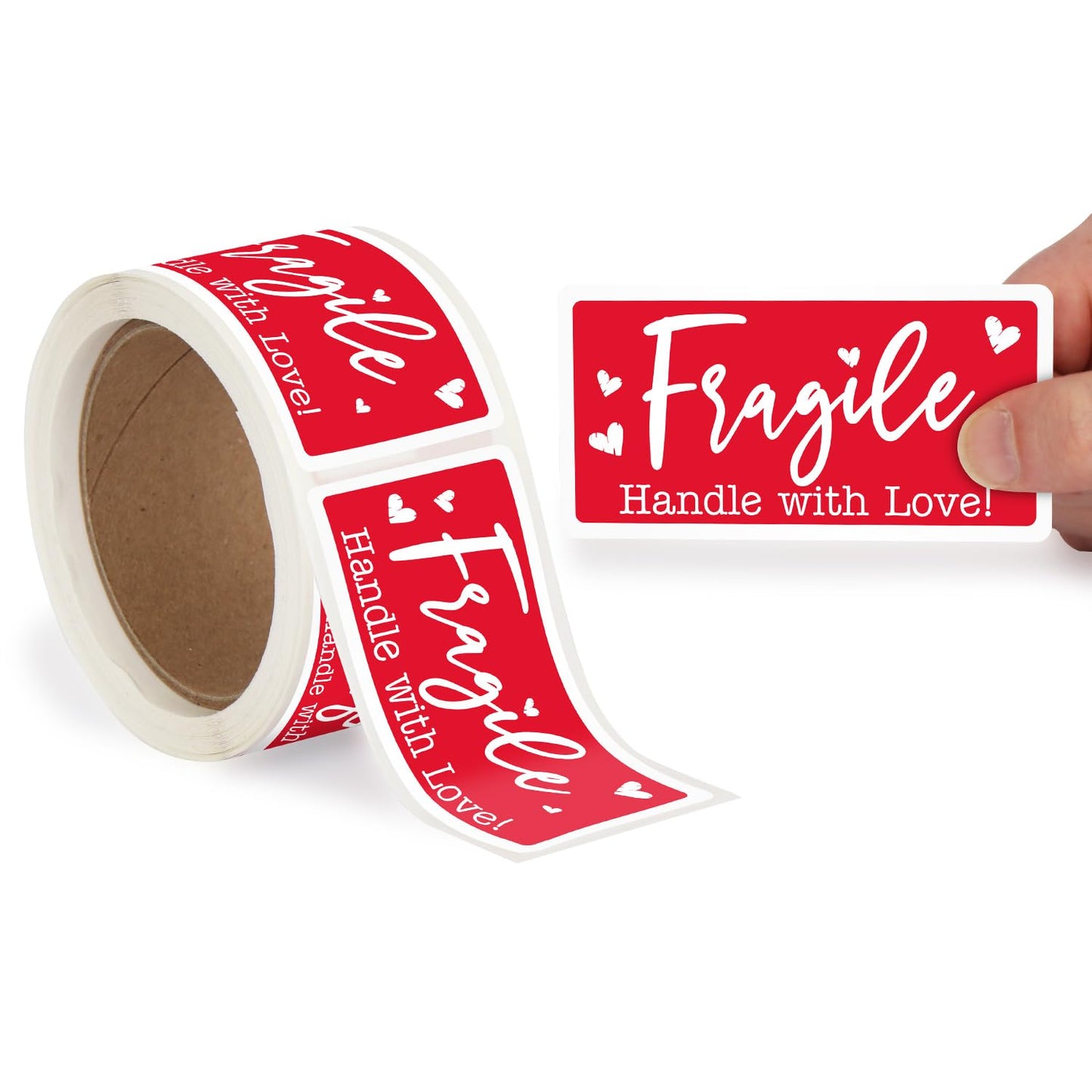 SmartSign Handle with Love Fragile Stickers - 2 x 4 inch, 100 / Roll, Funny Fragile Shipping Label, Semi-Gloss Paper, Permanent Adhesive, White on Red, Made in USA