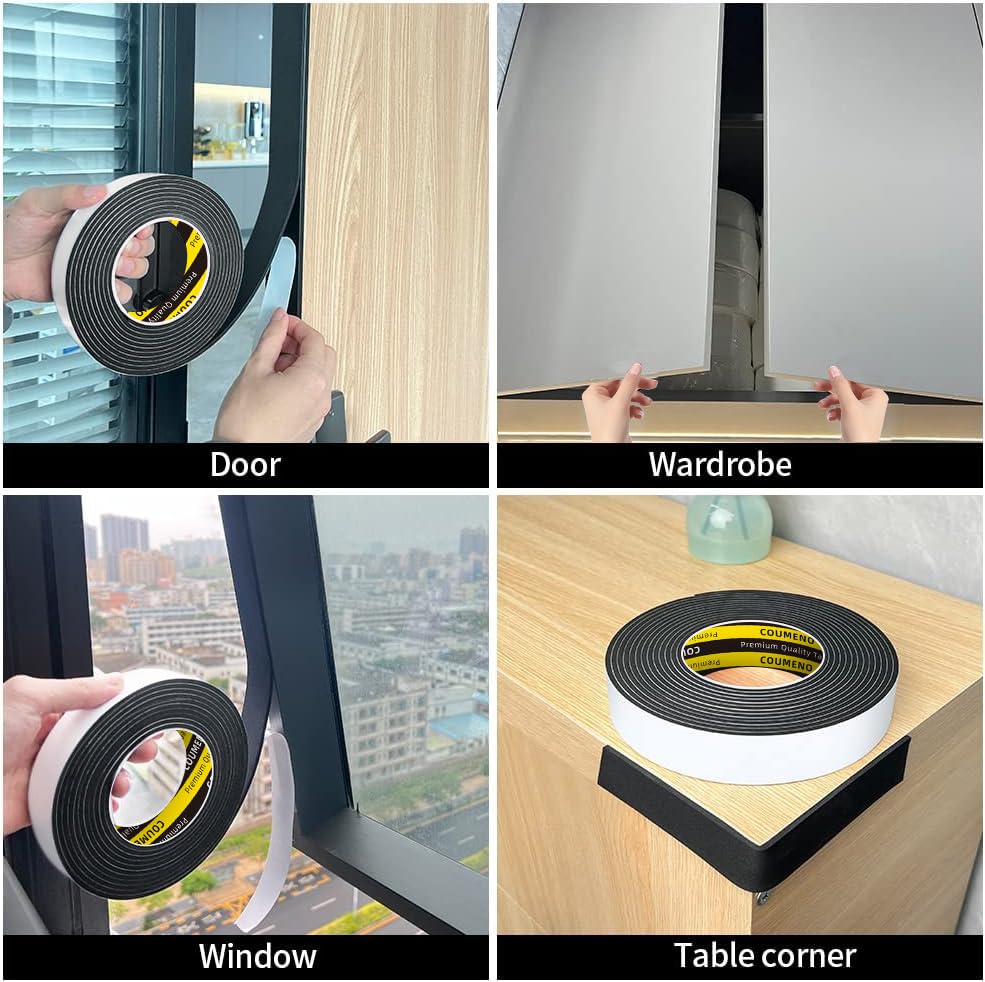 Single Sided Strong Self-Adhesive Foam Tape Strips 1inX16.4FT, Black Weather Stripping for Door/Window Seal, Gap Insulation, DIY Homeowners Easy Install (0.12in Thickness)