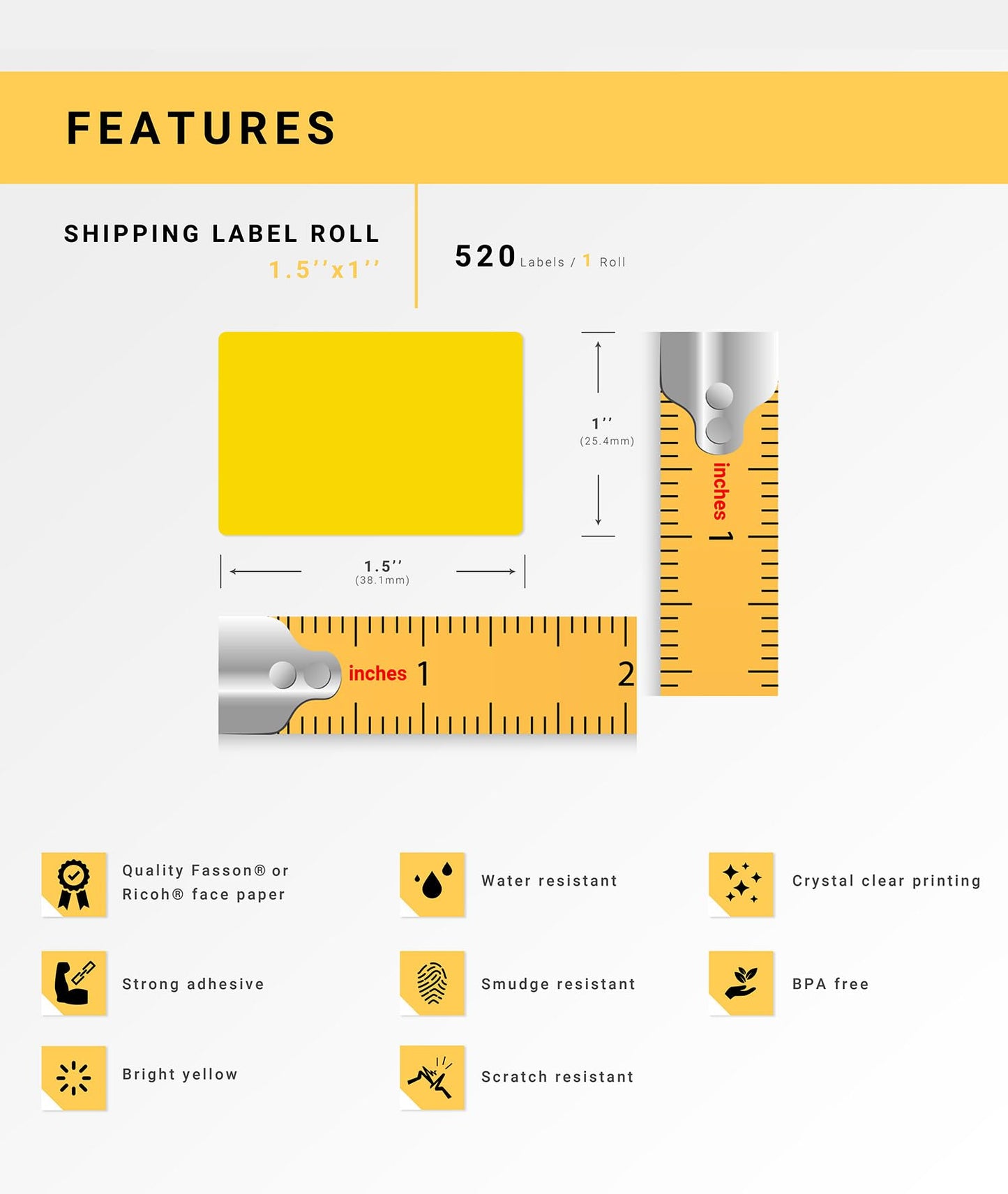 HOUSELABELS 1.5" x 1" Yellow Multipurpose Labels on 1" Core Compatible with Zebra and Rollo Printers, 1 Roll / 520 Labels per Roll