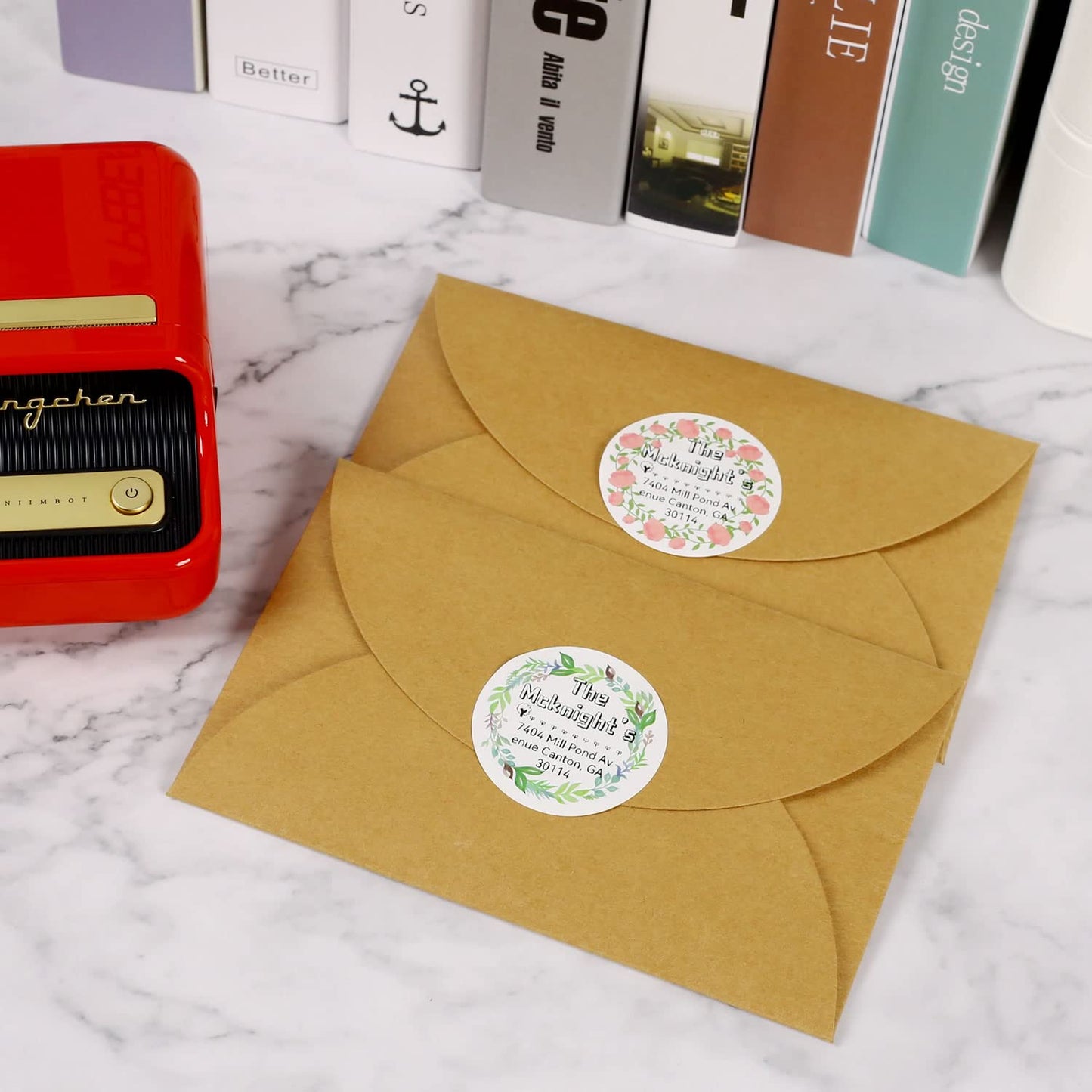 2 Rolls Multi-Purpose Round Address Wedding Waterproof Label Sticker for B1/B21/B3S Label Printer, Bottle Mason Jars Spice Food Container Kitchen organizing Storage 50x50mm,150 Label/Roll-Flower Frame Flower Frame Set