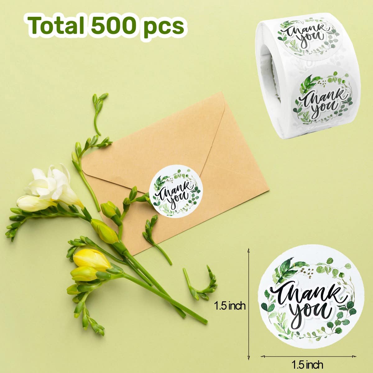 Thank You Stickers, 500Pcs Leaf Thank You Label Stickers 1.5" Leaf Frames Thank You Stickers Roll Greeting Cards Flower Bouquets Self-Adhesive Labels for Gift Wraps Birthday Party Favors 1.5inch Leaf