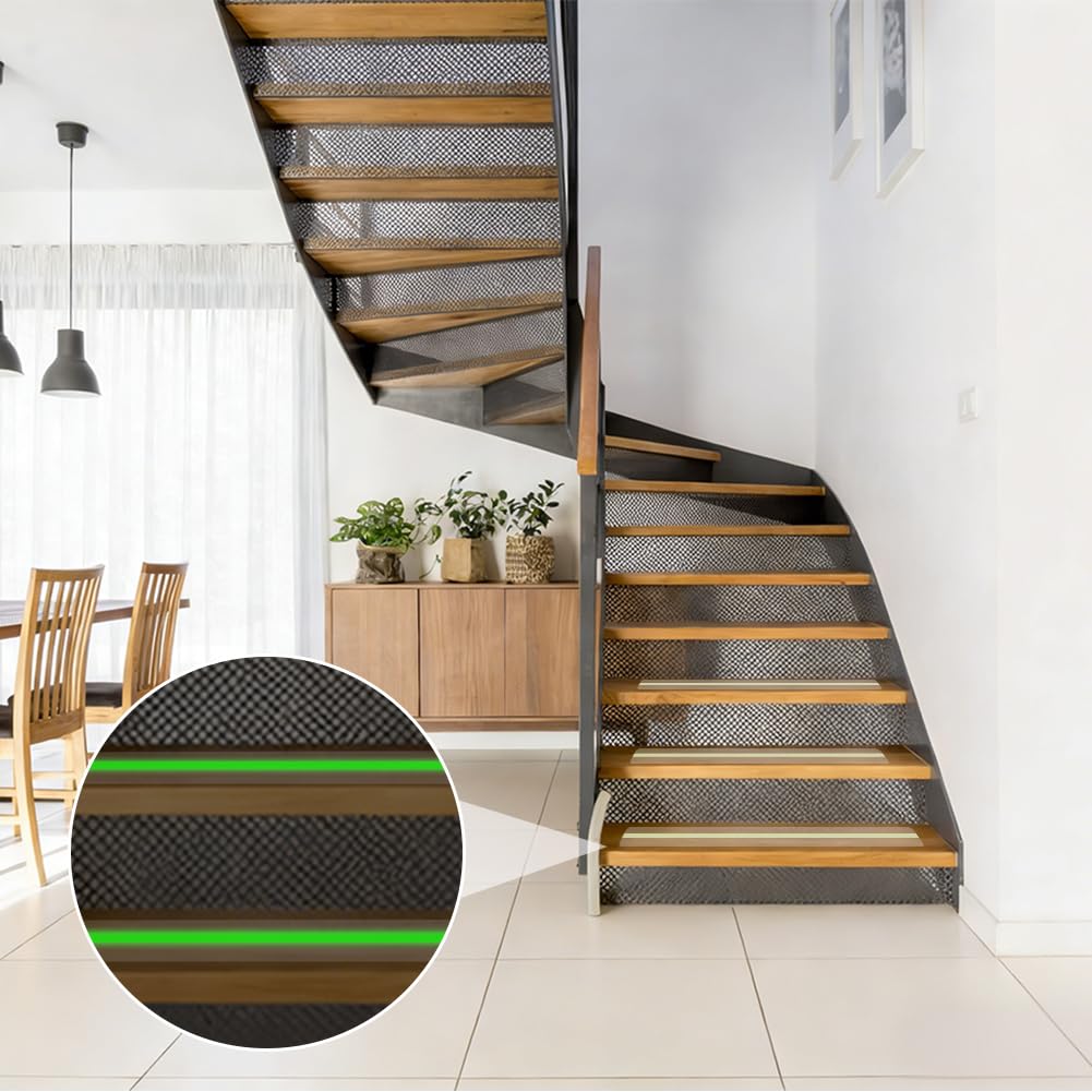 BENECREAT 15 Pack 24x4.1 Inch Glow in Dark Anti-Slip Tape, Luminous Stair Treads, Transparent Safety Tape with Self-Adhesive Feature for Indoor and Outdoor Steps