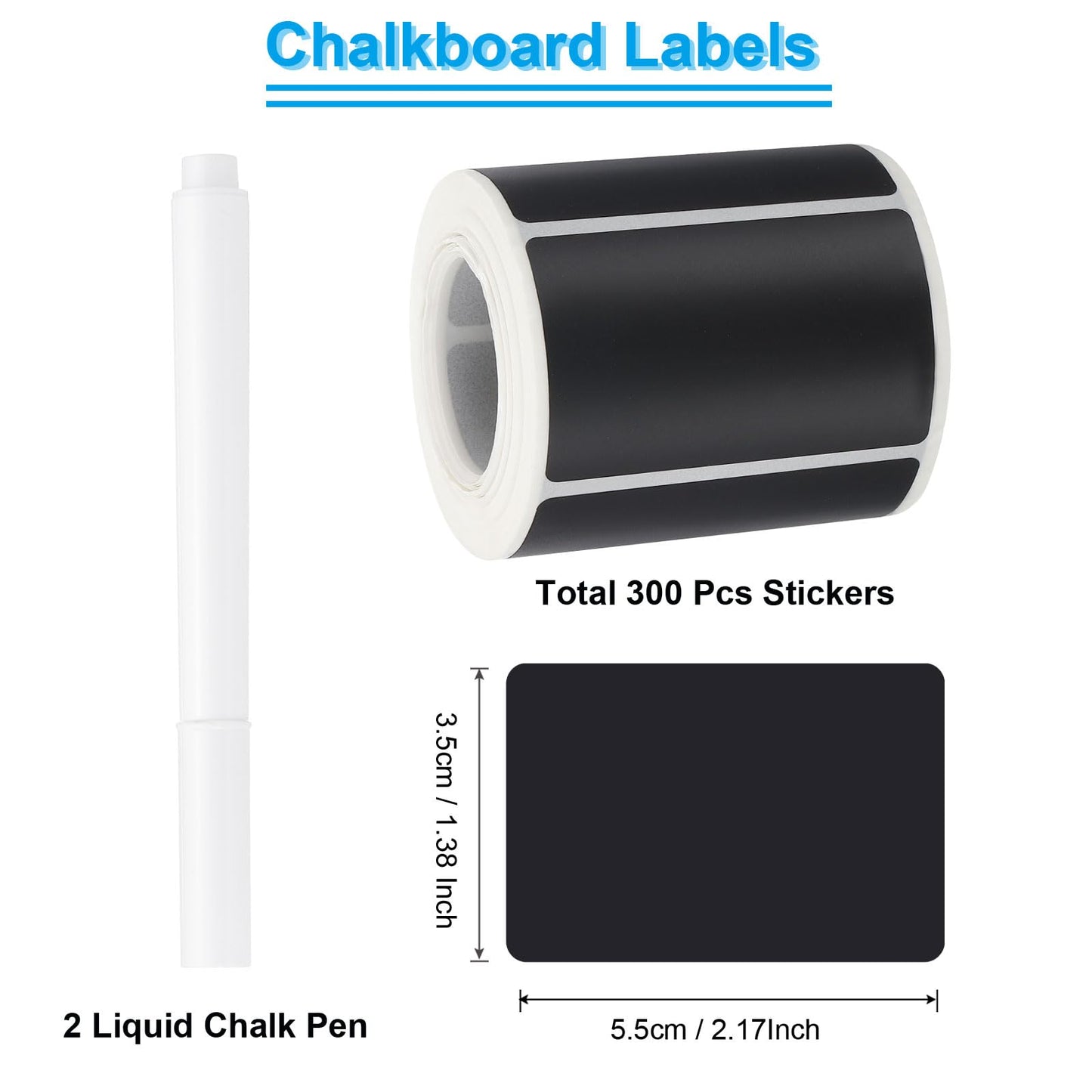 PATIKIL Chalkboard Labels, 300 Pcs Erasable Reusable Blackboard Stickers with 2 Liquid Chalk Pen, Waterproof Pantry Labels for Containers, Jars, Storage Bins (Rectangle)