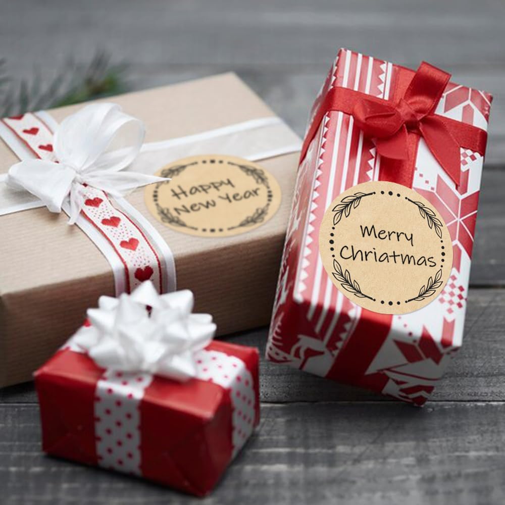 2" Canning Labels for Jars & Lids, 500 Labels per Roll, 4 Different Wreath Designs, Round Kraft Christmas Mason Jar Stickers, Food Labels Pantry Labels, Mason Jar Labels Spice Labels Bottle Labels Brown_500 Labels