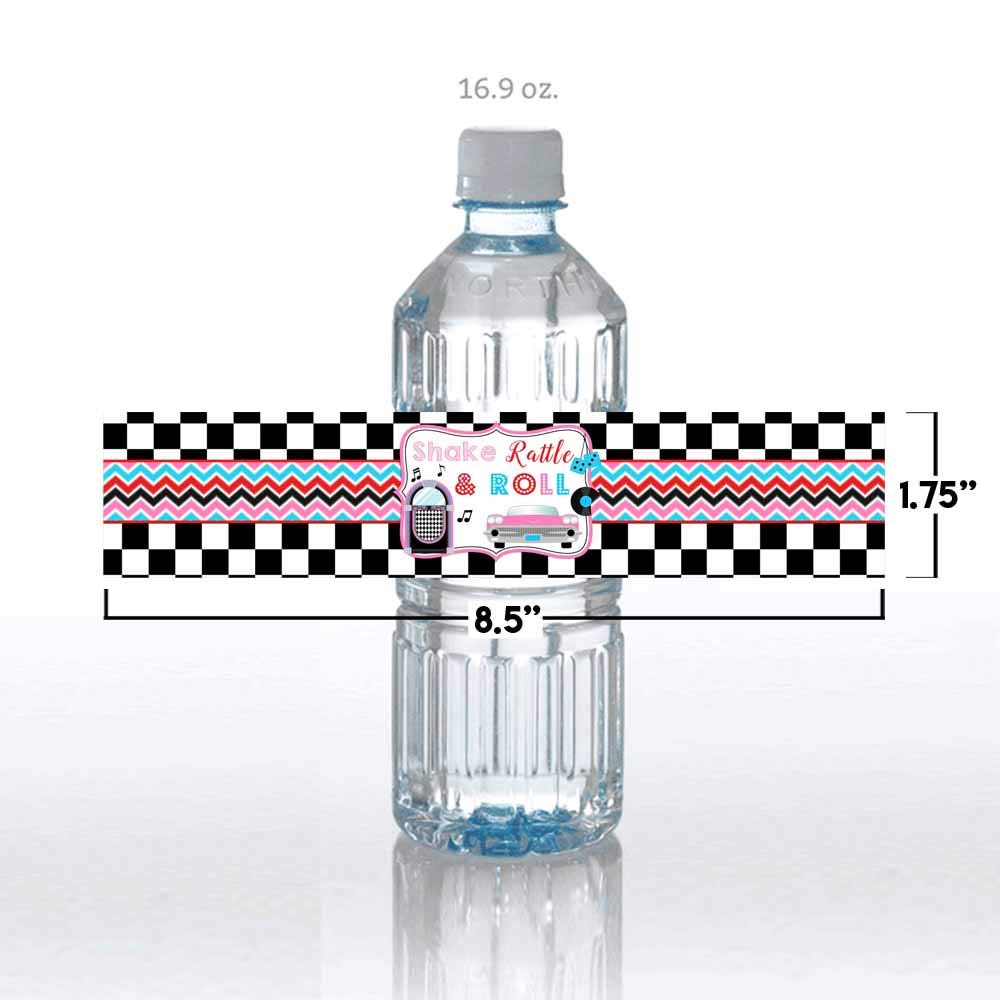 50’s Sock Hop Birthday Waterproof Water Bottle Sticker Wrappers, 20 1.75" x 8.5" Wrap Around Labels by AmandaCreation