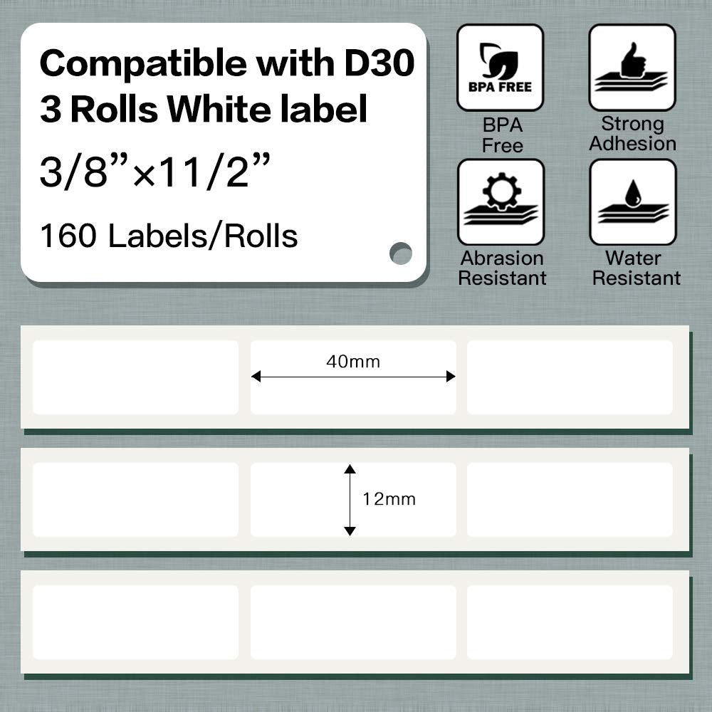 Phomemo D30 Thermal self-Adhesive Label, 3/8" X 1 1/2" (12mm X 40mm) 160 Labels/Roll, Phomemo D30 Label Tape Compatible with D30 Label Printer, Suitable for Home, School, Black on White, 3 Roll 12mmx40mm