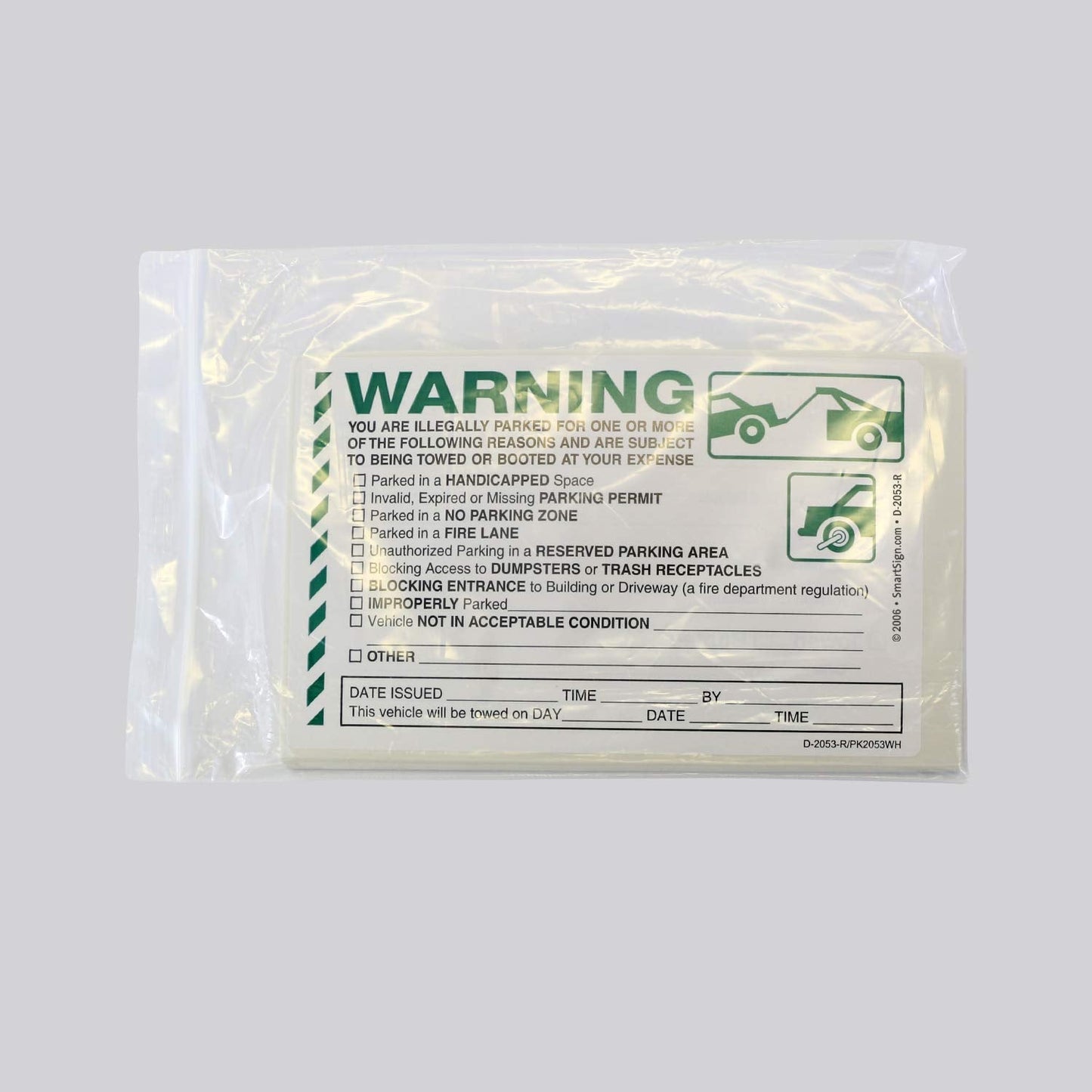 SmartSign 50-Pack 'Warning You are Illegally Parked' Sticker Labels with Permanent Adhesive, 5" x 8" Paper, Hard to Remove Write-On Tow Warning Parking Tickets, Green, Black/White Warning - Illegally Parked