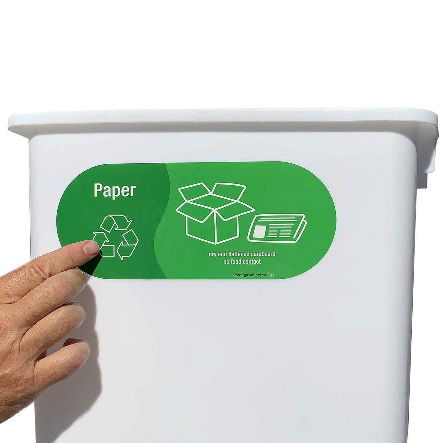 SmartSign (Pack of 4) 3.75 x 9 inch “Paper - Dry and Flattened, No Food Contact” Recycling Sticker Labels with Symbols, 5 mil Laminated Polyester with SuperStick Adhesive, Green and White 3.75" X 9"_paper