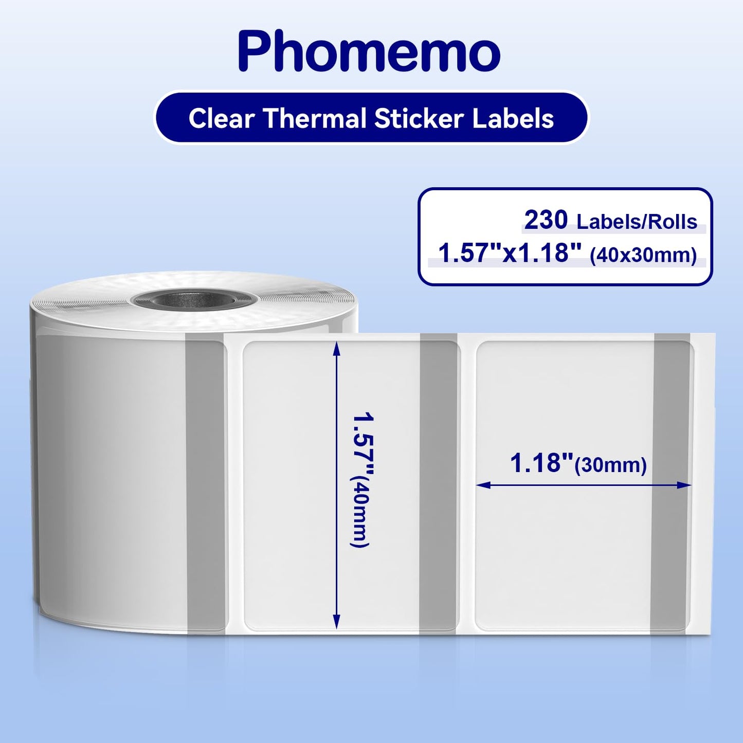 Phomemo Thermal Labels-Transparent Labels M110 Labels for M110/M220/M221/M120/M200,1.57"x1.18"(40x30mm) Blue on Clear