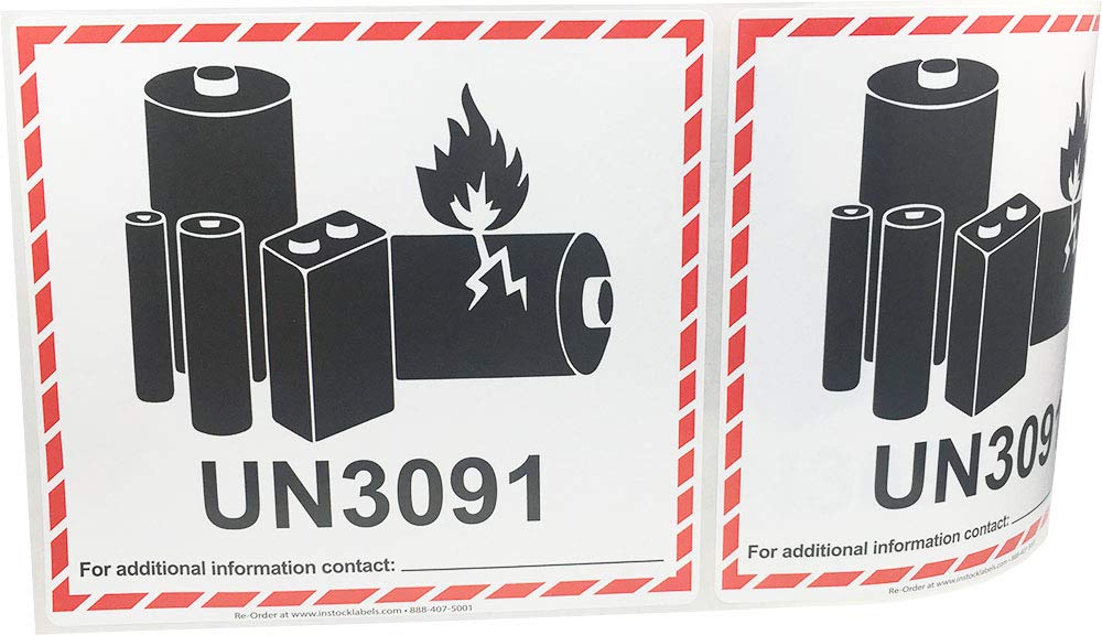 UN3091 Caution Lithium Battery Labels 4.5 x 5 Inch 500 Adhesive Stickers