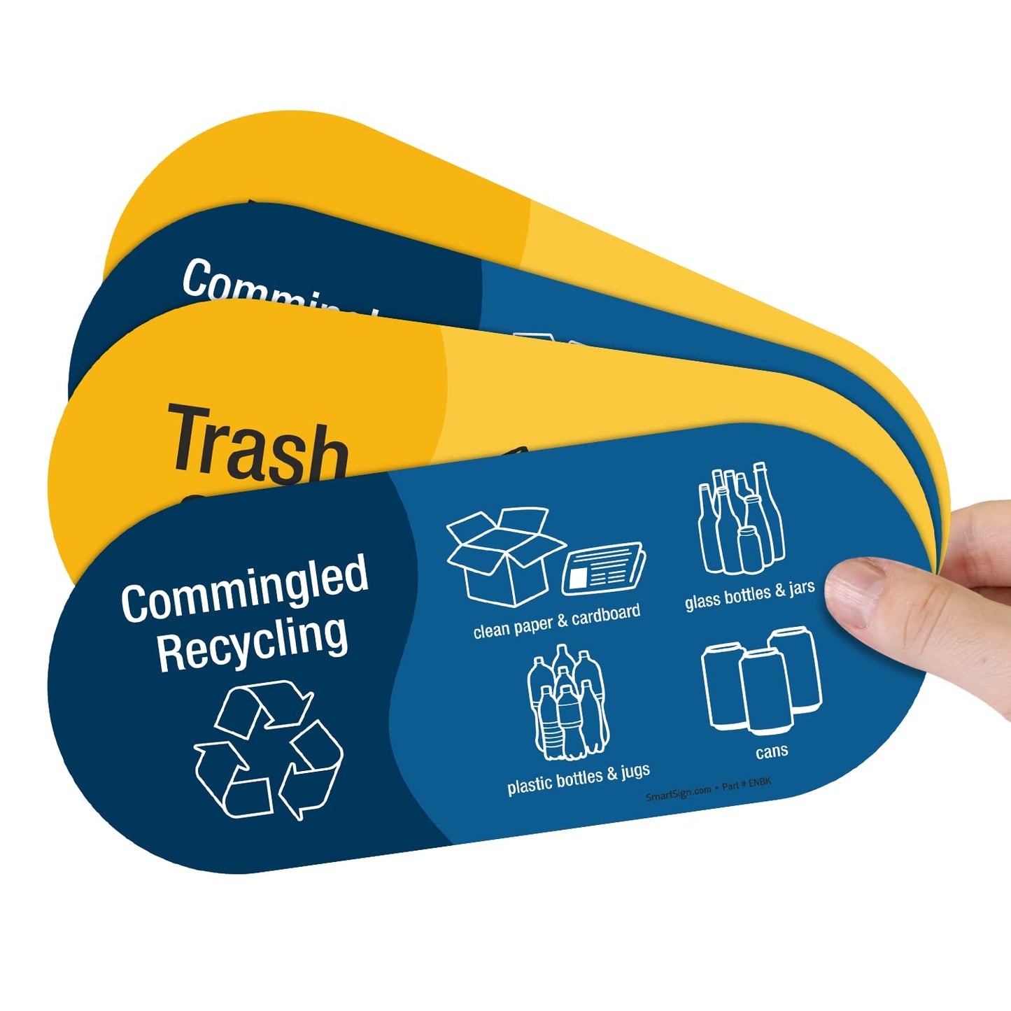 SmartSign (Pack of 4) 3.75 x 9 inch “Trash Only and Commingled Recycling” Sticker Labels with Symbols, 5 mil Laminated Polyester with SuperStick Adhesive, Multicolor, Made in USA