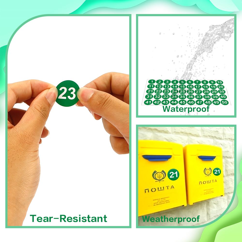 Number Stickers, Consecutive Number Stickers 1-50, 10 Sheets Round Number Labels, Green Small Number Stickers Vinyl Number Decals for Office, Classroom, Storage, Inventory, Indoor, Outdoor, 1 inch