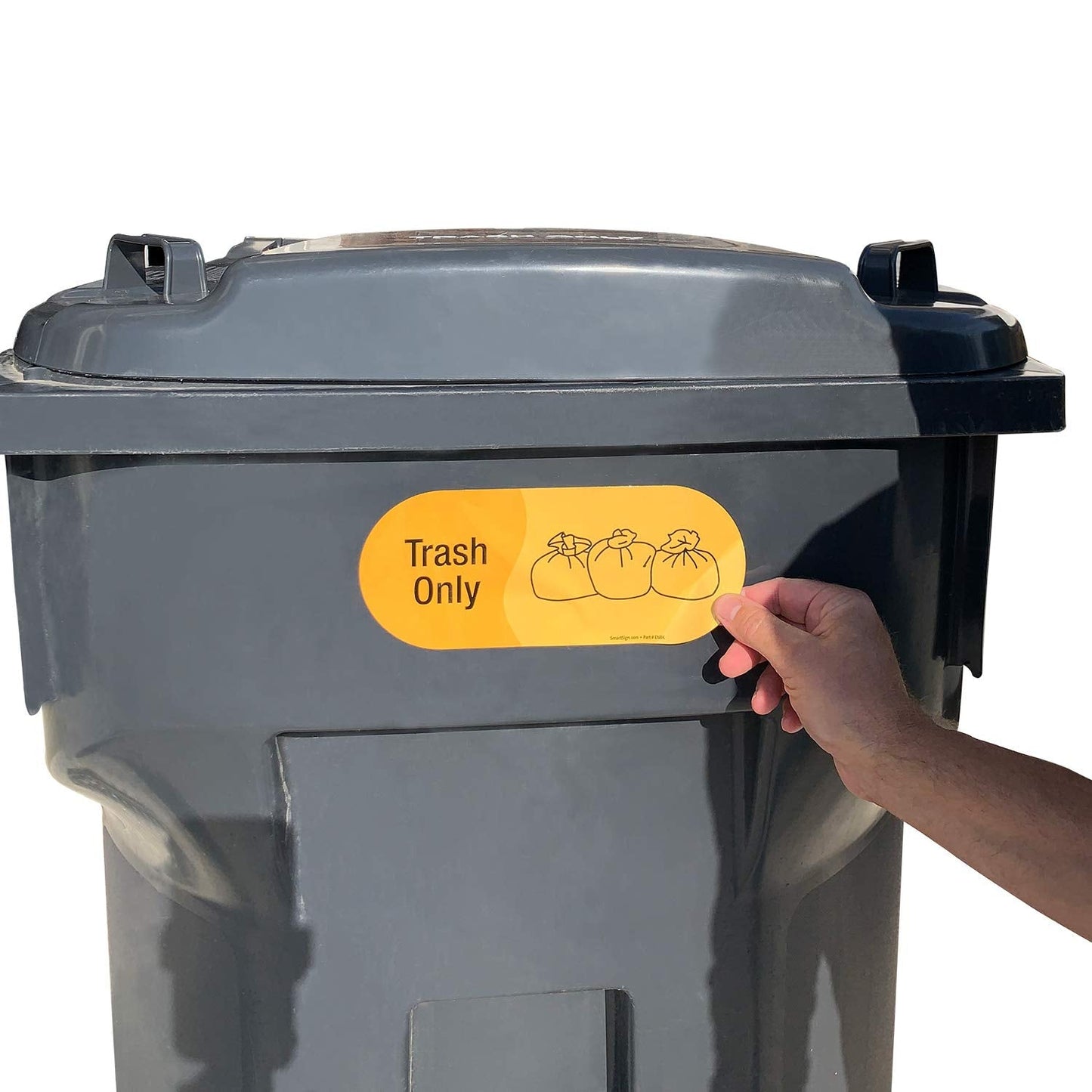 SmartSign (Pack of 4) 3.75 x 9 inch “Trash Only” Sticker Labels with Symbol, 5 mil Laminated Polyester with SuperStick Adhesive, Yellow and Black, Made in USA 3.75" X 9"_trash Only