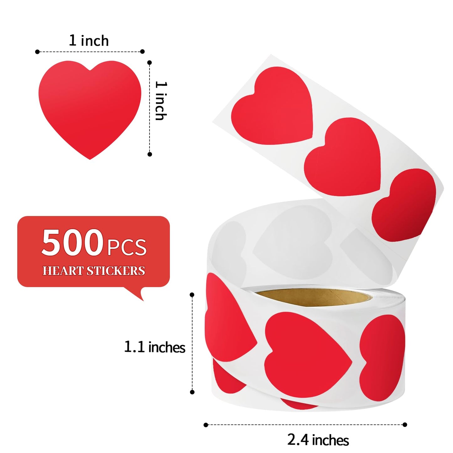 Red Heart Shaped Sticker, 1 inch Cute Love Labels for Valentine’s Day, Invitation, Envelopes, Crafting, Scrapbooking, 500 Labels Per Roll Red