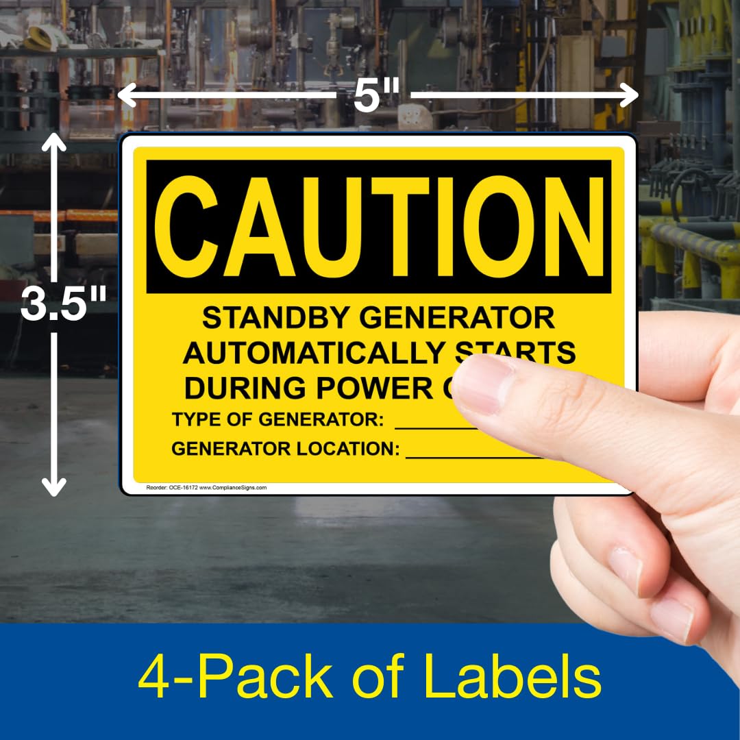 ComplianceSigns.com CAUTION Standby Generator Starts Automatically OSHA Label Decal, 5x3.5 inch 4-Pack Vinyl for Electrical 5" x 3.5" - 4 Pack Adhesive Vinyl