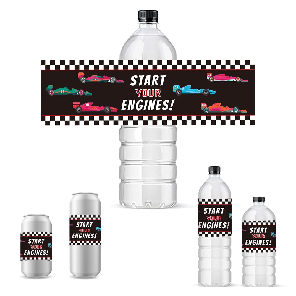 PH PandaHall 30pcs Water Bottle Labels Waterproof Labels, 21.6x6.4cm/ 8.5x2.5inches Rectangle Bottle Label Start Your Engines Bottle Wraps Adhesive Stickers for Race Car Party Decorations Supplies