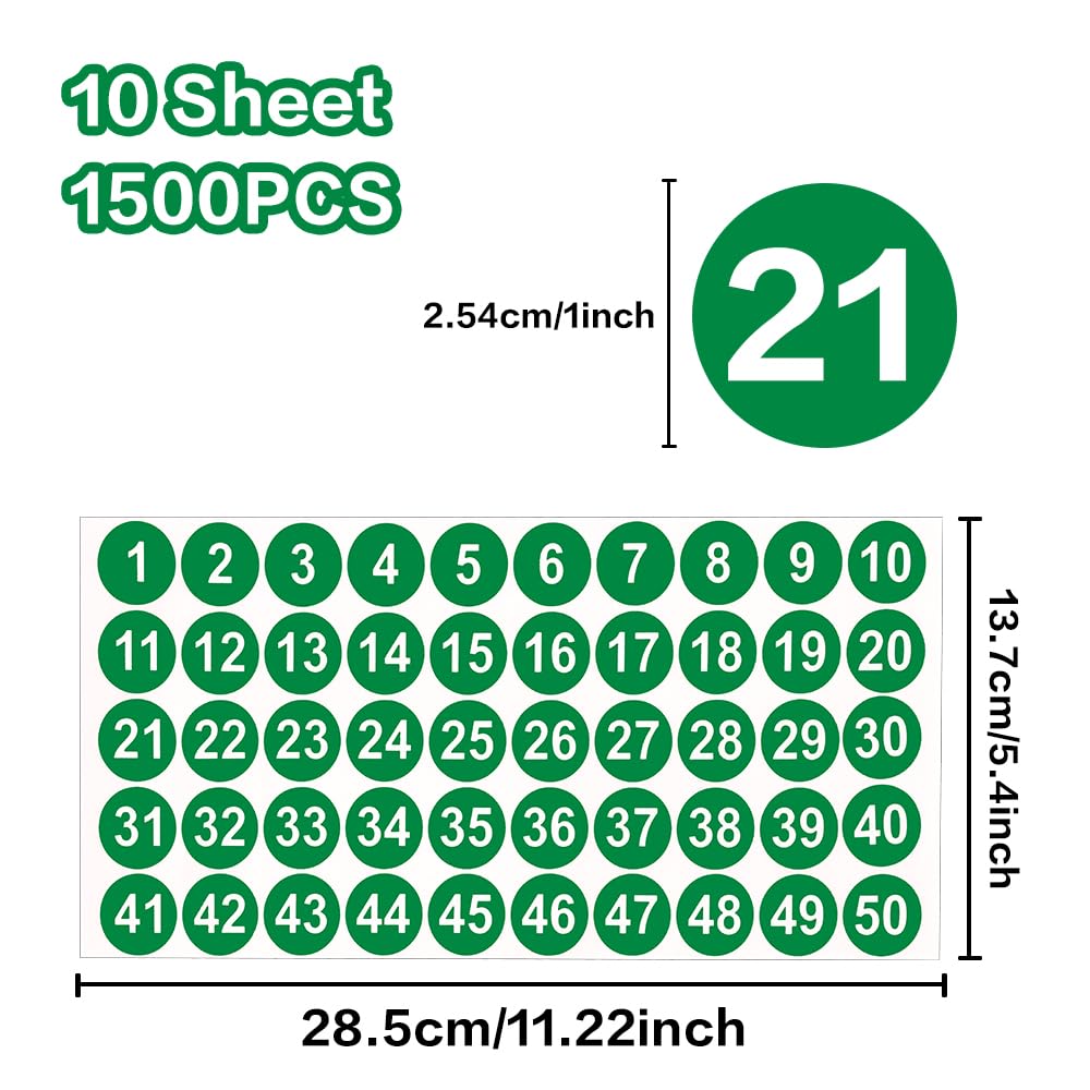 Number Stickers, Consecutive Number Stickers 1-50, 10 Sheets Round Number Labels, Green Small Number Stickers Vinyl Number Decals for Office, Classroom, Storage, Inventory, Indoor, Outdoor, 1 inch