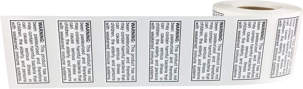 Not Pasteurized Warning Labels .75 x 1.5 Inch 500 Adhesive Stickers