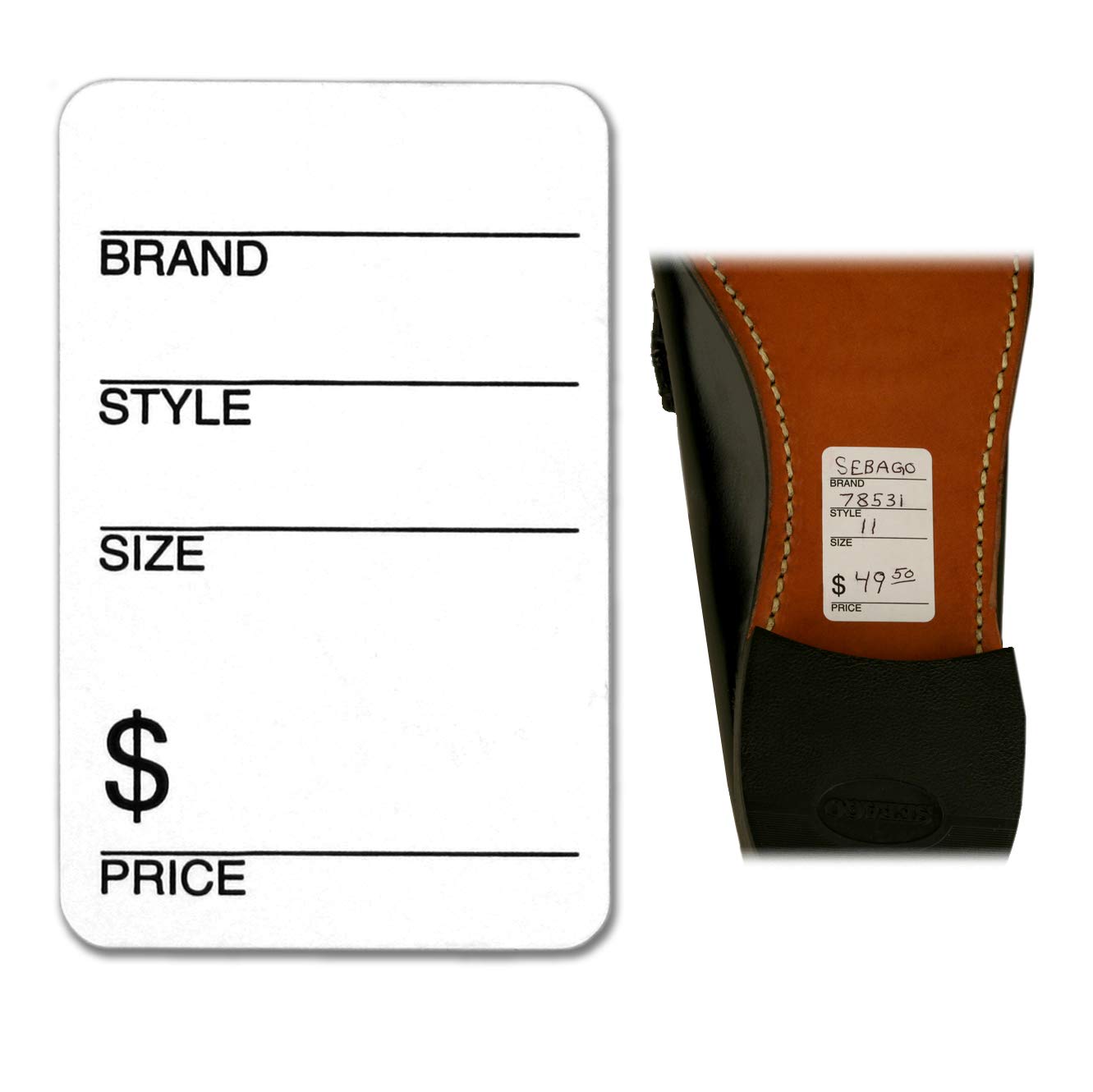 Self Adhesive Shoe Store Labels - Brand, Style, Size & Price Sticker Roll, 500 Pack