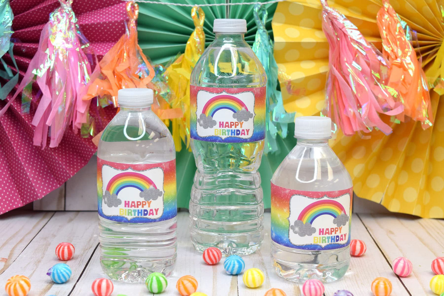 Rainbow Sparkle Themed Birthday Party Waterproof Water Bottle Sticker Wrappers, 20 1.75" x 8.5" Wrap Around Labels by AmandaCreation