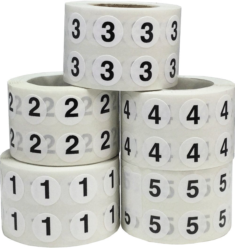 Numbers 1-5 Bulk Pack Office Warehouse Organization Inventory Stickers 1/2 Inch 1,000 Per Roll 5,000 Total Stickers