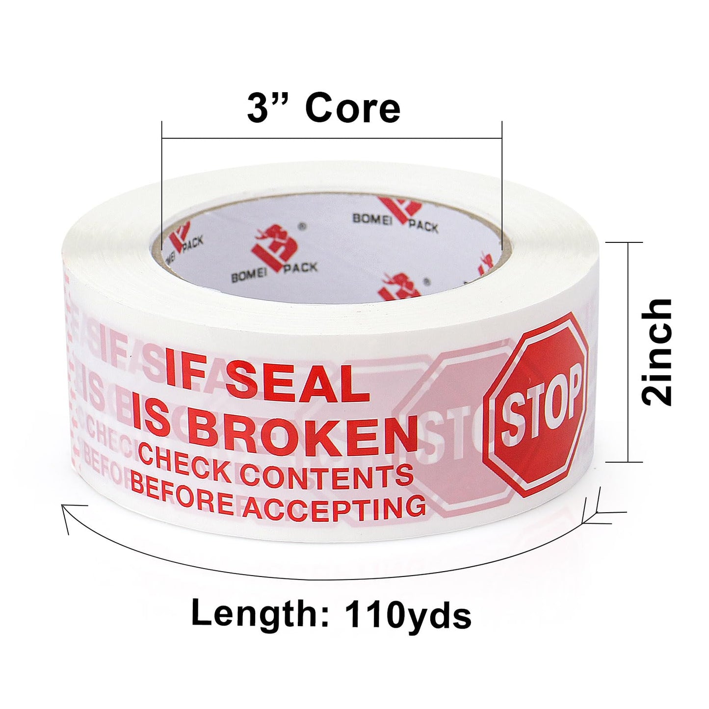 BOMEI PACK Stop Sign Sealing Tape,Pre-Printed IF Seal is Broken Check Contents Before Accepting Packing Tape with Dispenser 2 Inch x 110 Yards Heavy Duty Shipping Tape for Moving,Sealing