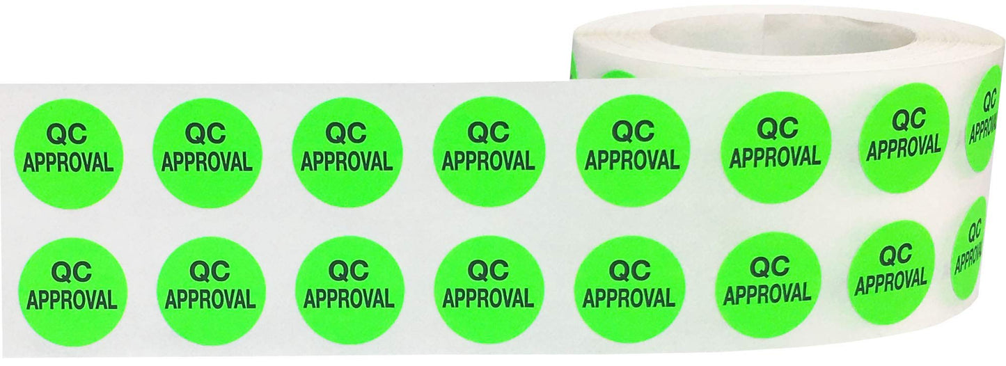 Quality Control Approval Stickers, QC Tester Labels on Fluorescent Green Paper, Suitable for Warehouse and Manufacturing, 1/2 Inch Round, 1000 Labels Per Roll, Case of 5 Rolls 5000