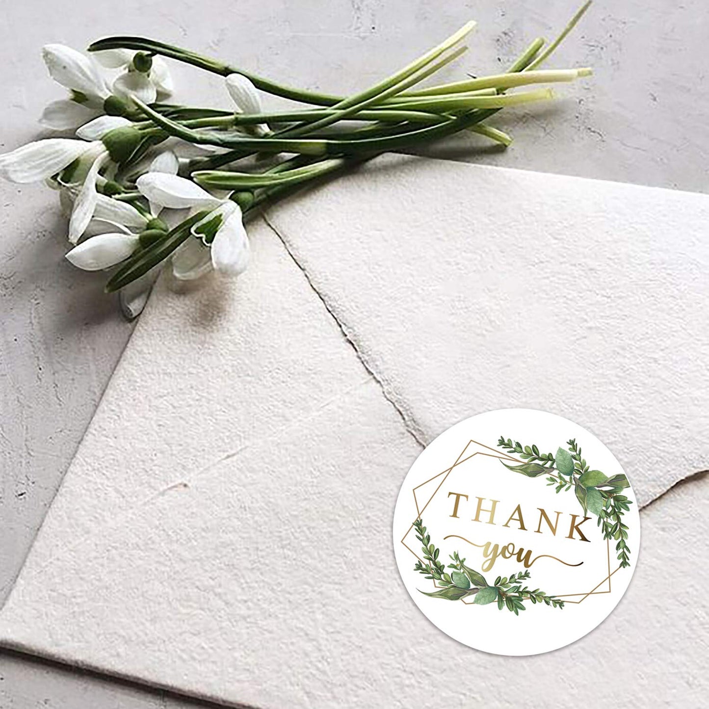 500 Chic Golden Greenery Frames Thank You Label Stickers, 1.4 Inches Circle Round Green Palm Leaves Wreath Thank You Stickers.