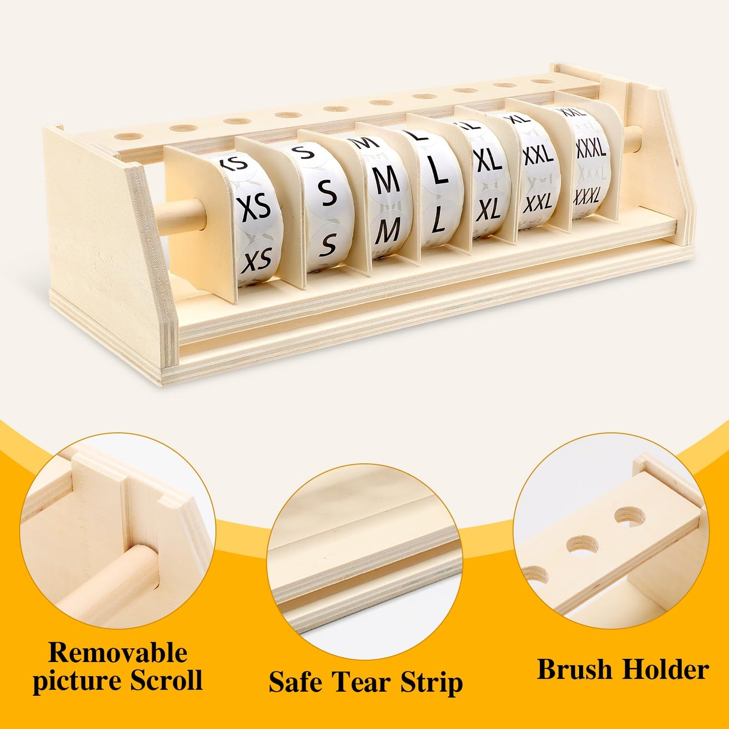 3500 Pcs Clothing Size Stickers Labels with Wooden Labels Holder Organizer Round Self Adhesive Stickers for Clothing T Shirts Retail, 7 Size Black and White