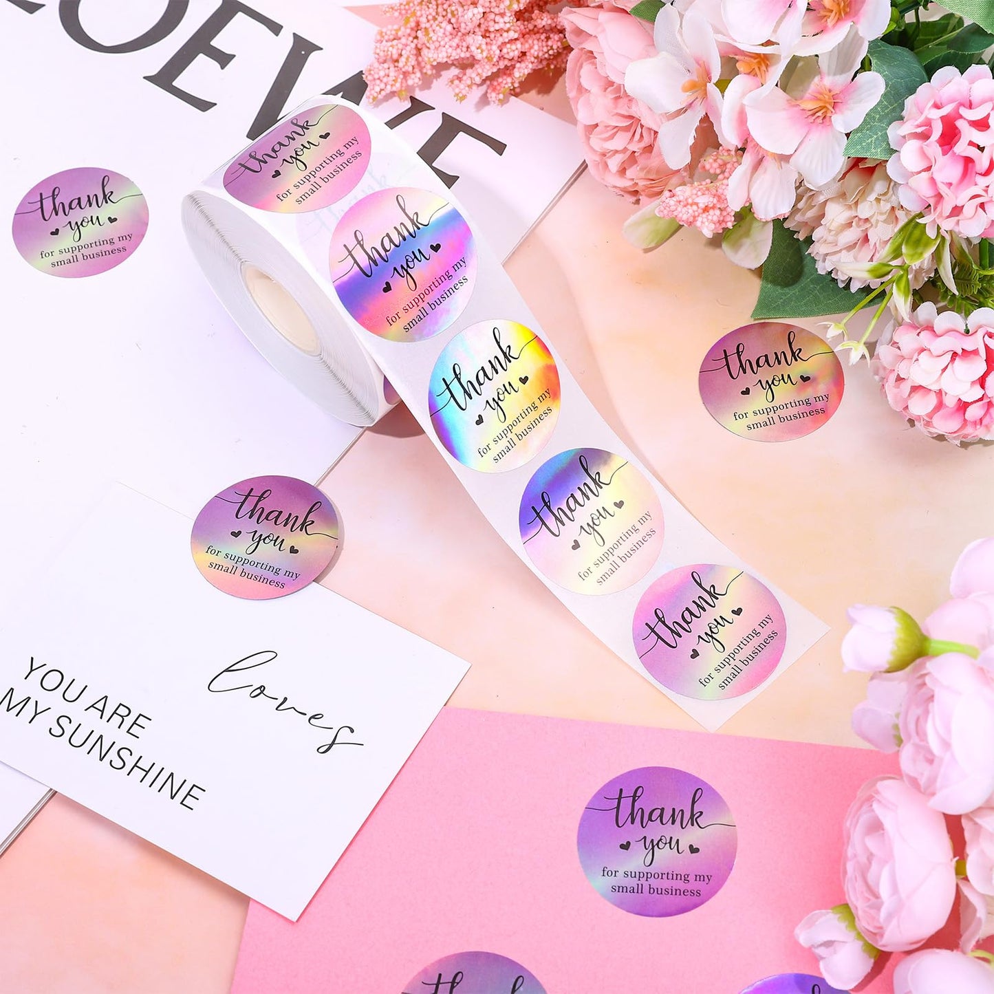 800Pcs Thank You Stickers 1.5 inch Holographic Thank You for Supporting My Small Business Stickers Pink Round Seal Sticker Iridescent Waterproof Self-Adhesive Laser Label Decals for Packaging
