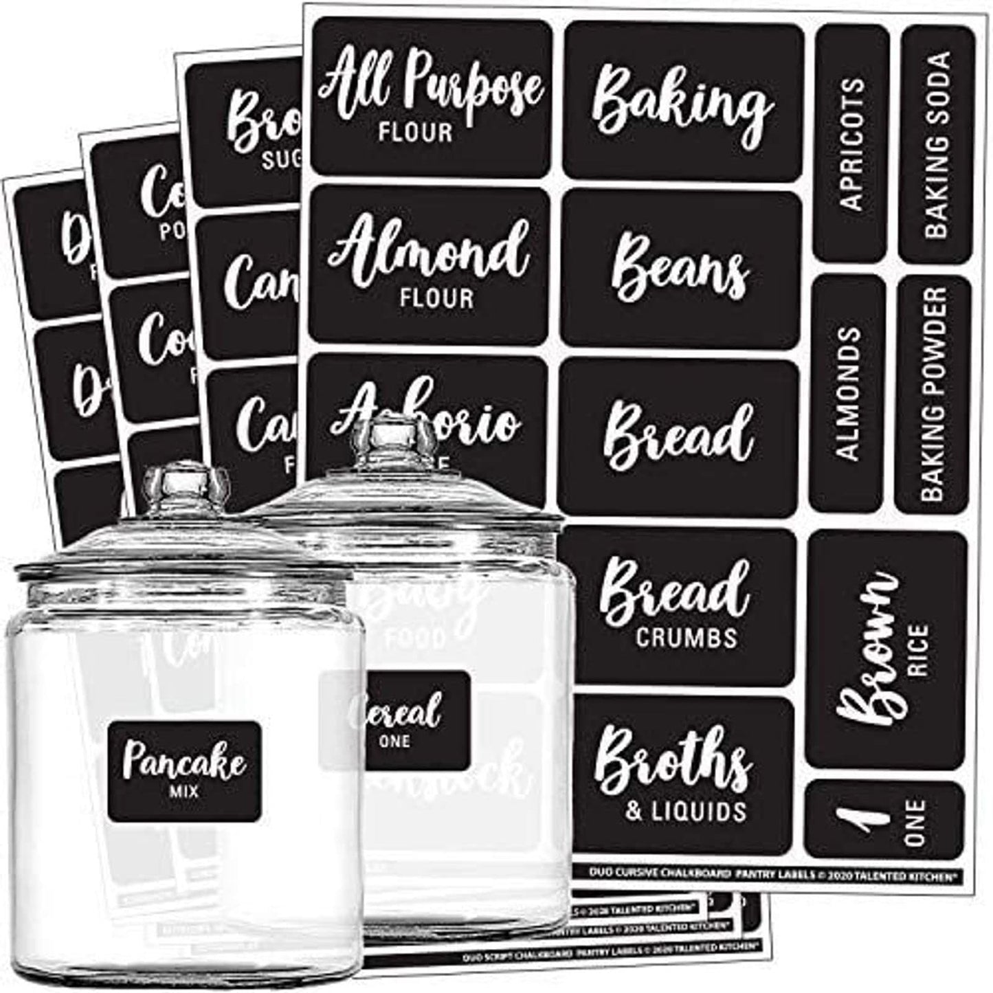 Talented Kitchen 128 Pcs Preprinted Chalkboard Pantry Labels for Storage Bins & Kitchen Organization - Waterproof Food Labels for Jars & Food Storage Container Chalkboard Cursive Pantry Set - 128 Labels X-large