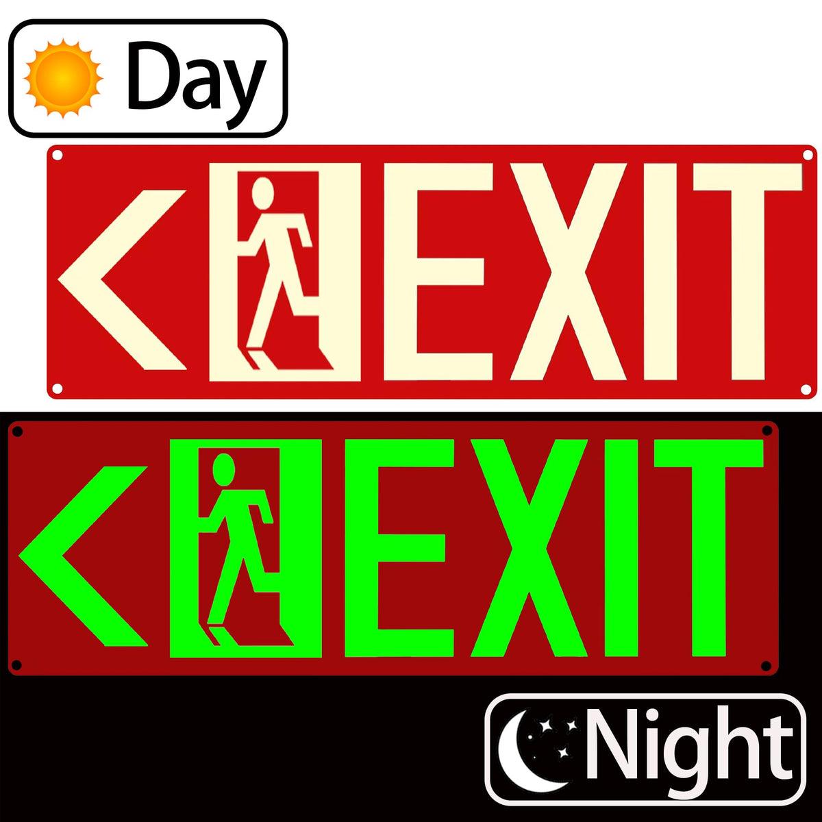Photoluminescent Exit Sign Red - Aluminum -14x5 inches Exit Signs, With Strong Self-Adhesive Backing (One Right + One Left Arrow) Right + Left Arrow-14"x5"