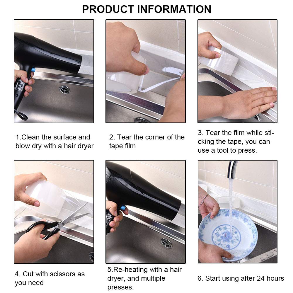 Caulk Tape Clear 1.96 Inch x 33 Feet, Waterproof, Self Adhesive, Anti-Grease, PMMA Sealing Caulking Strip for Kitchen Sink Bathtub Bathroom Shower Toilet 1.96 Inch Width x 33 Feet Length