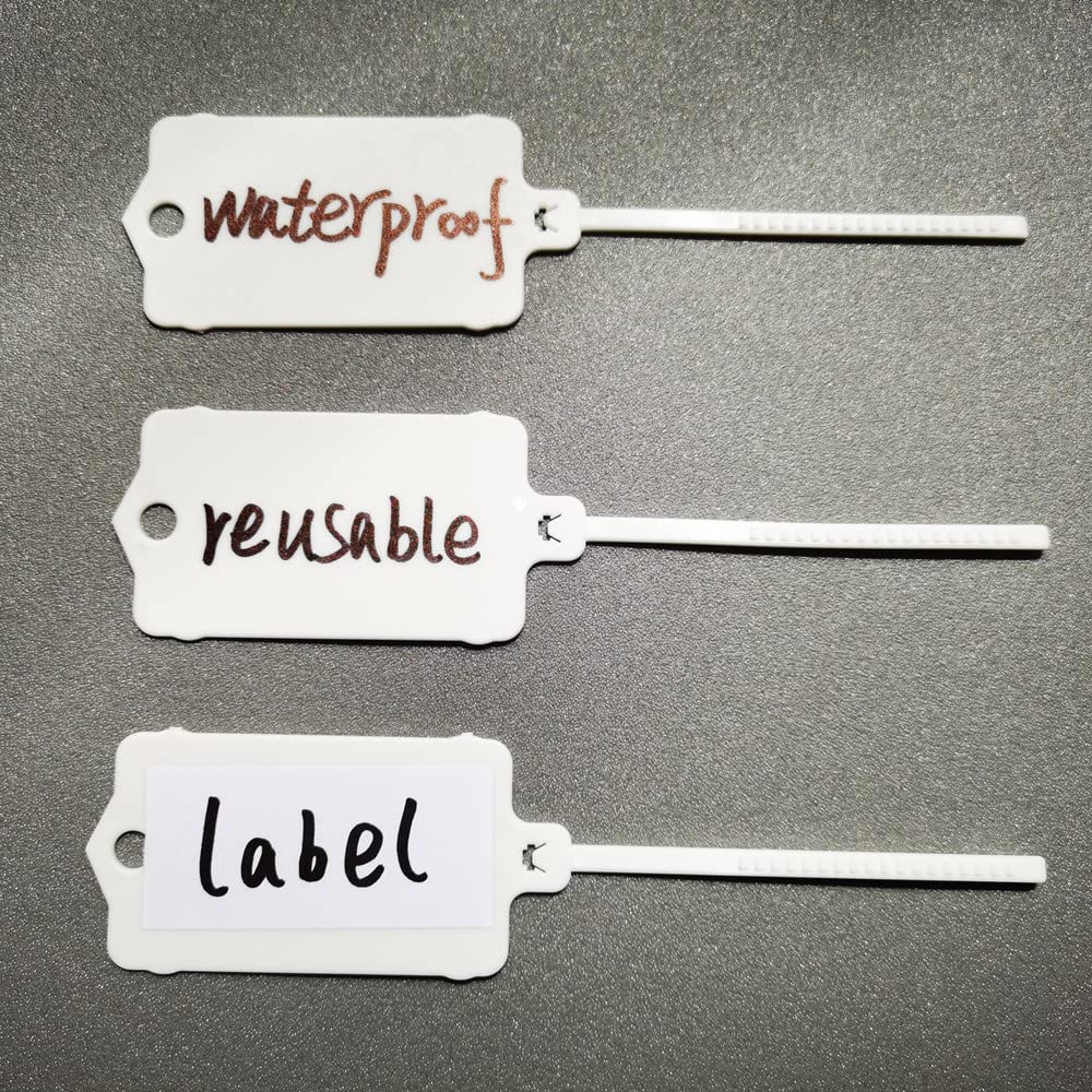 100pcs Reusable Blank Plastic Tags Ties Key Tags 1.45"*2.48" Serrated Tension Sealing Strap with Large Label Plastic Tie Mark Label Waterproof Hang Sign Write on Tag (White, 100pcs) White